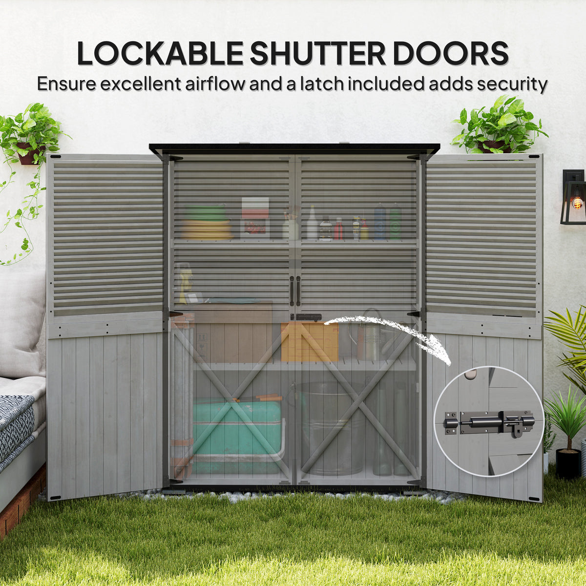 Wood Storage Shed, Outdoor Garden Shed with Asphalt Roof, 2 Shelves, Lockable Doors and Adjustable Feet, Gray