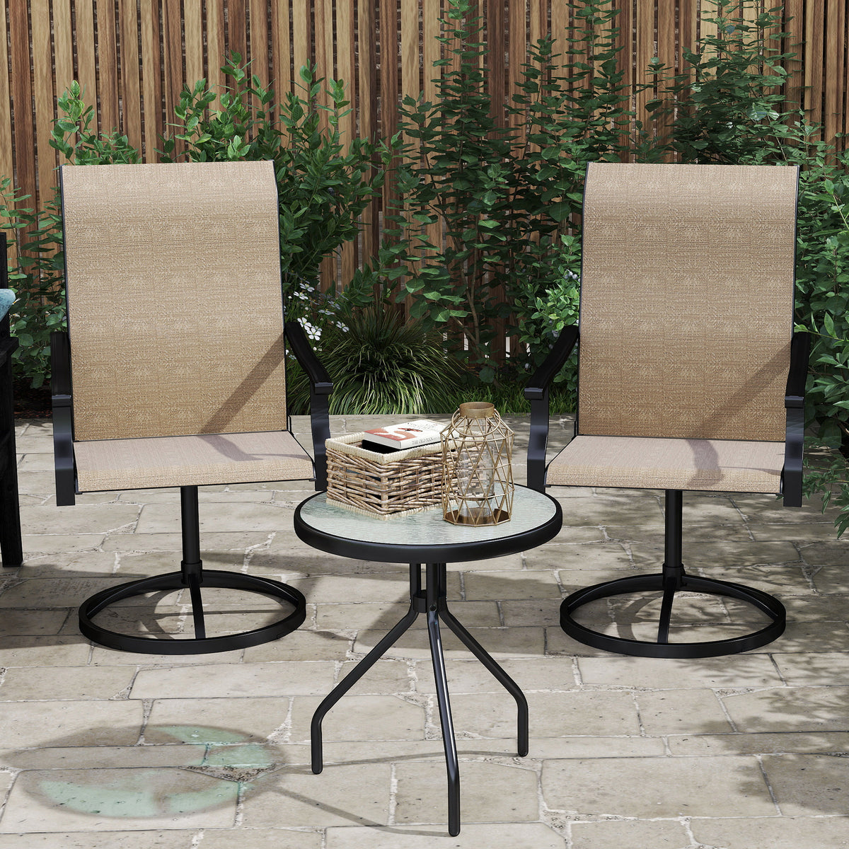 Patio Swivel Chairs Set of 2, High Back Patio Dining Chairs with All-Weather Mesh for Backyard, Lawn, Garden, Brown