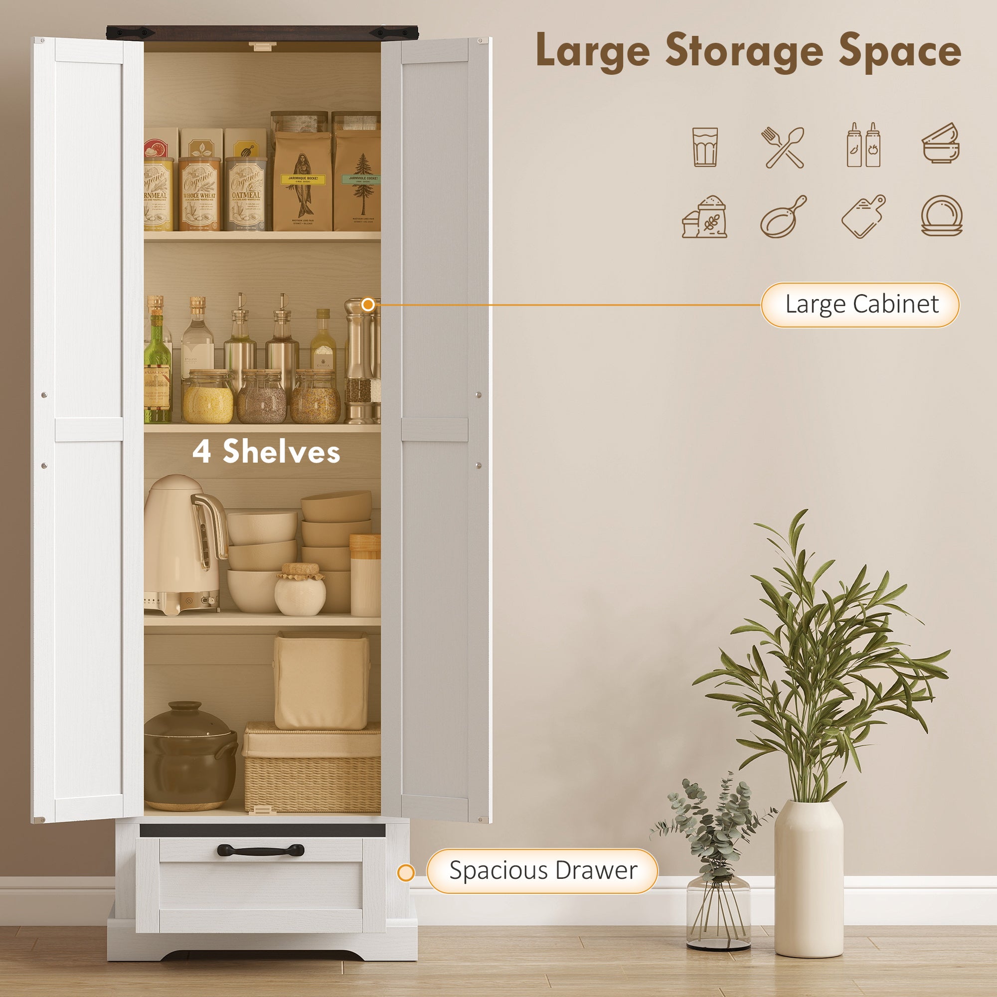 71" Pantry Cabinet, Kitchen Storage Cabinet with Adjustable Shelves, Barn Doors and Drawer for Dining Room, White
