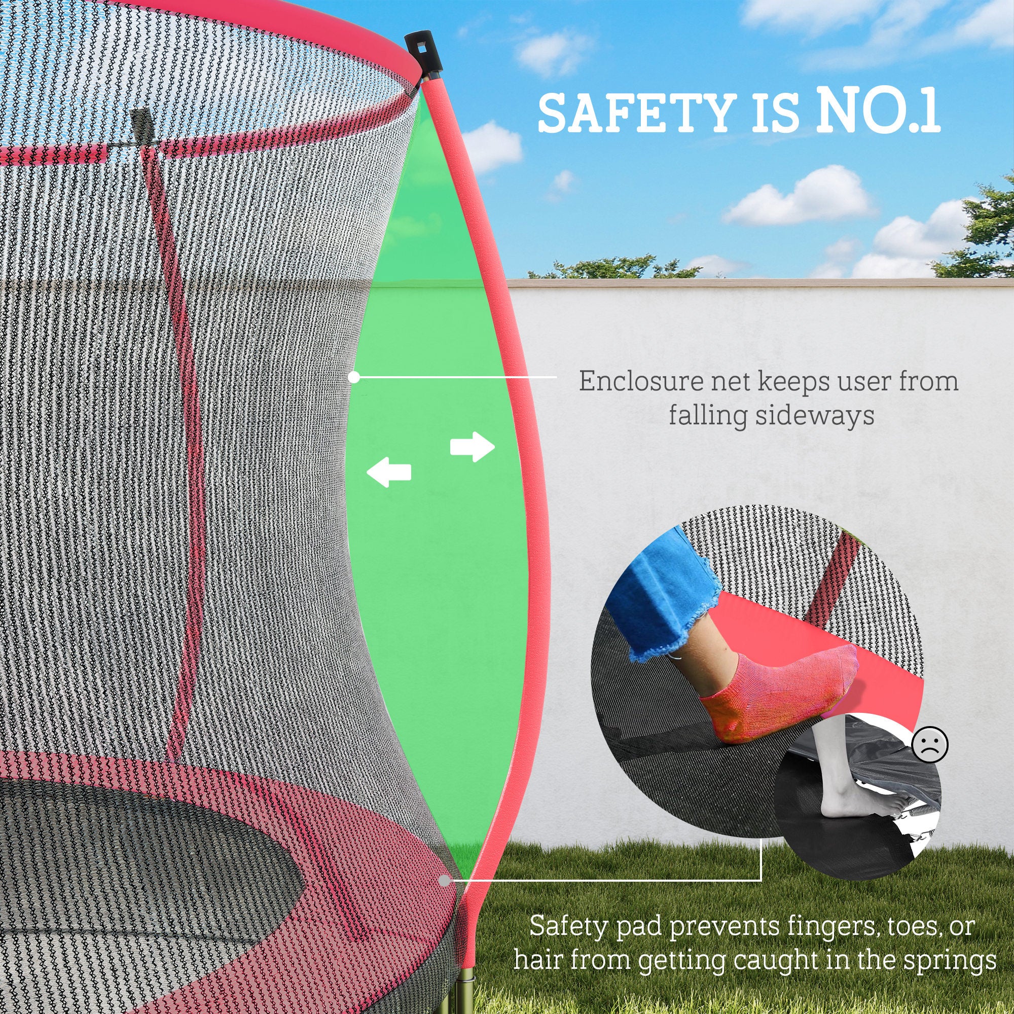 10ft Outdoor Trampoline with Net Enclosure, Curved Poles and Safety Pad, ASTM Approved, Red