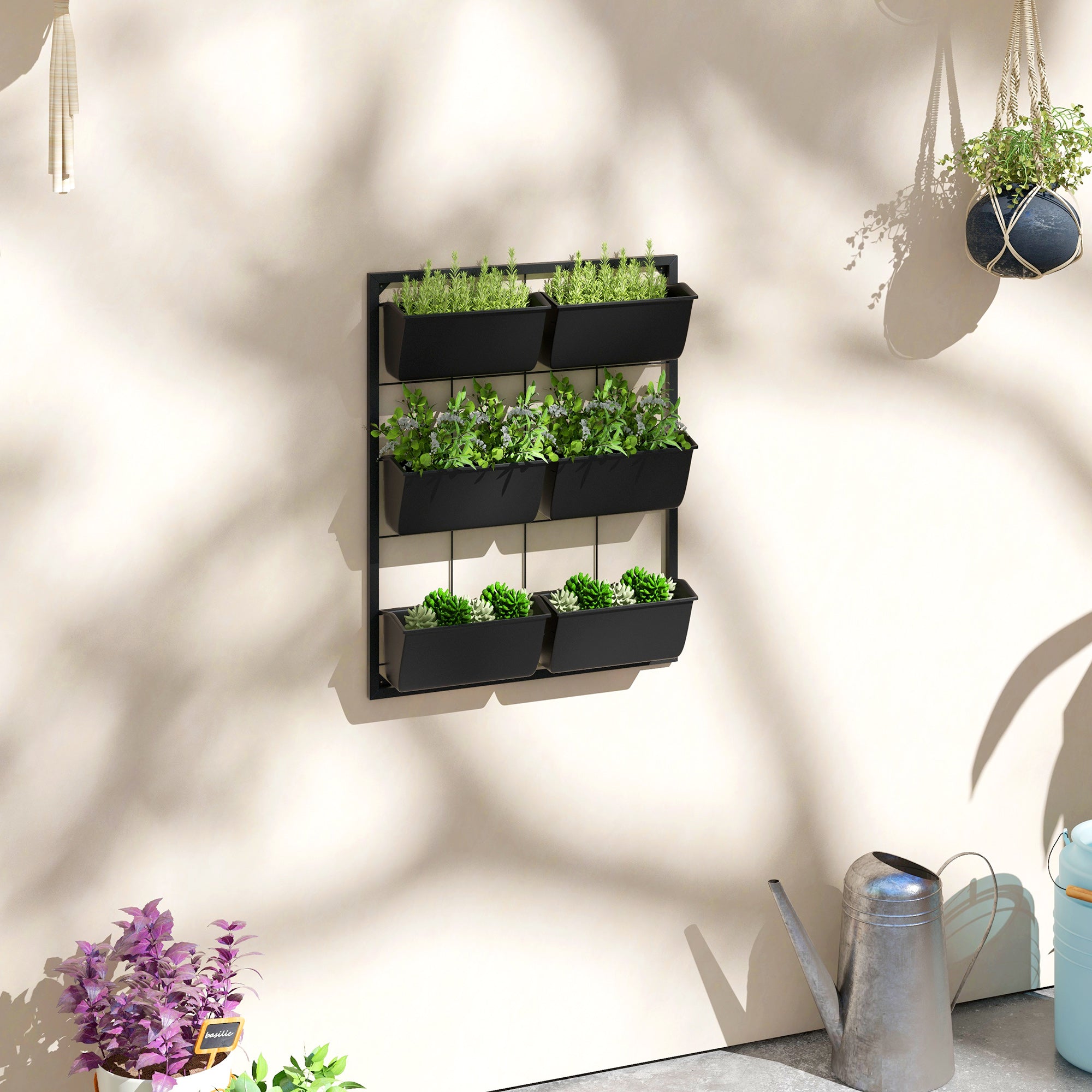 3-Tier Hanging Planter with 6 Pots for Indoor and Outdoor Use, Wall Planter, Self Draining & Wall Mounted, Black - Black - Image 2