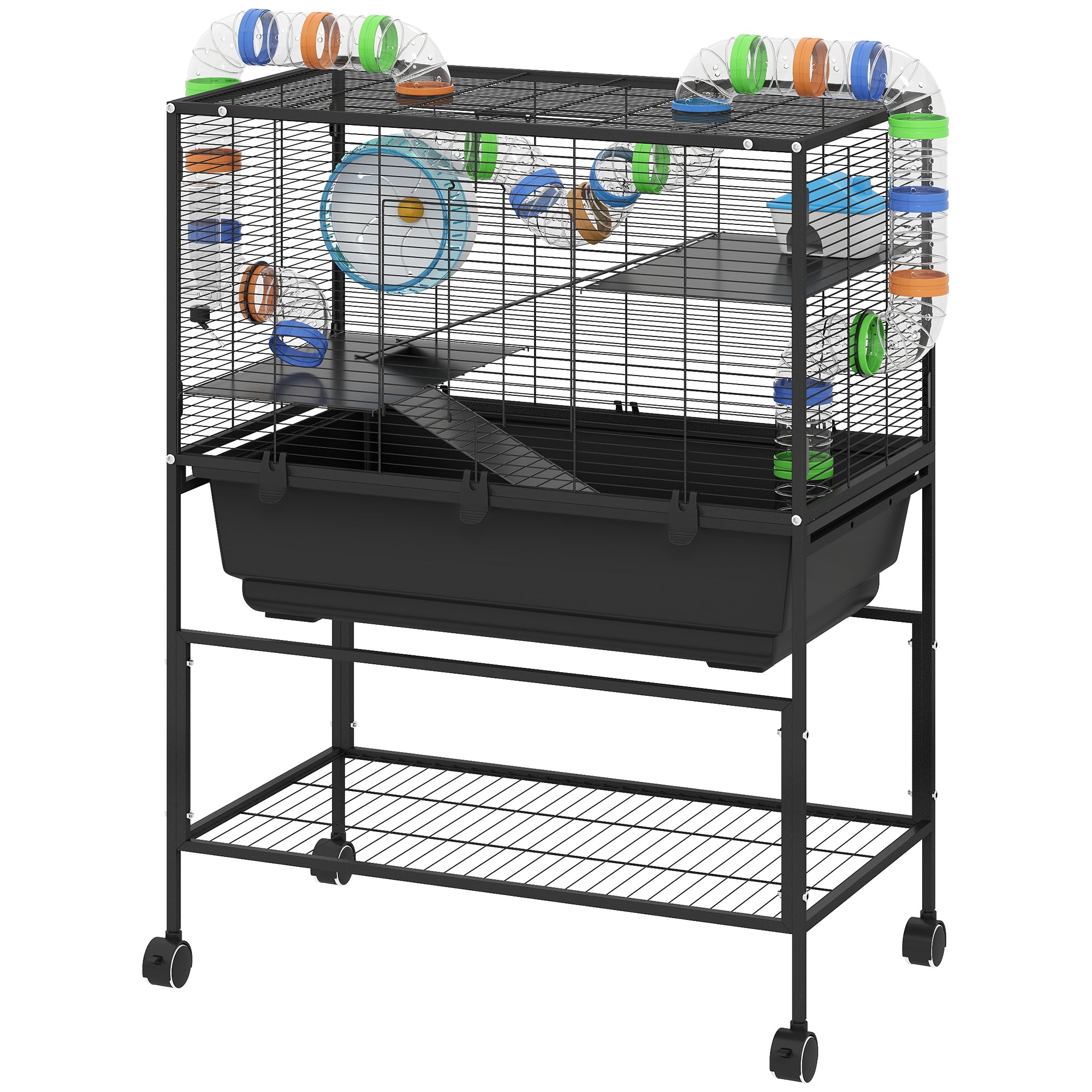 3 Tier Hamster Cage, Rolling Rat Cage with Deep Tray, Storage Shelf, Big Exercise Wheel, Hut, Tube System - Black