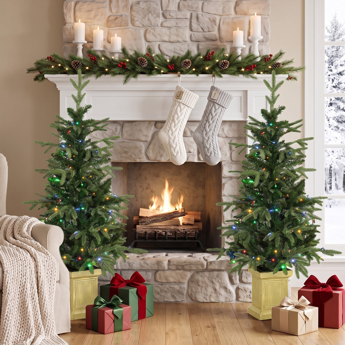 4ft Prelit Christmas Tree with Dual-Color LEDs, Remote, Set of 2 Aspen Fir, Battery-Operated, 11 Modes, Decorative Pot