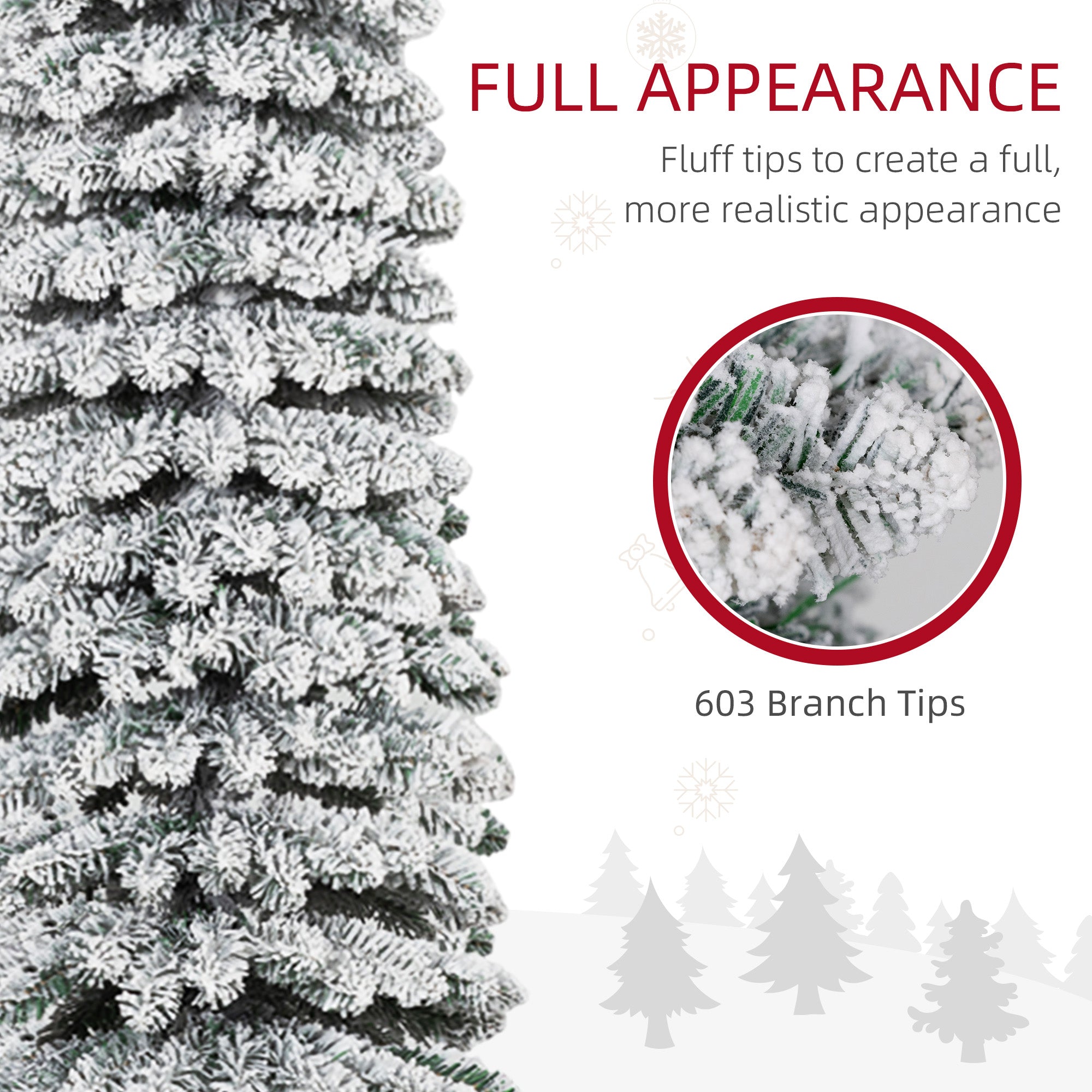 8' Tall Unlit Slim Pencil Xmas Tree, Snow Flocked Artificial Christmas Tree with Realistic Branches and 603 Tips, Green
