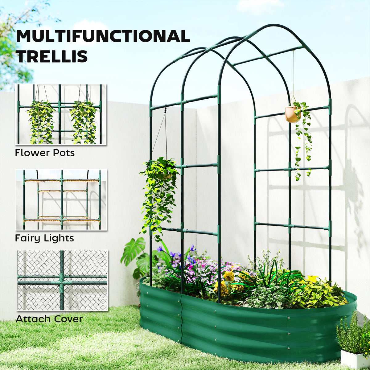 Galvanised Raised Garden Bed with Arched Trellis, 5 x 3 x 6ft Metal Outdoor Planter Box with Open Bottom, Green