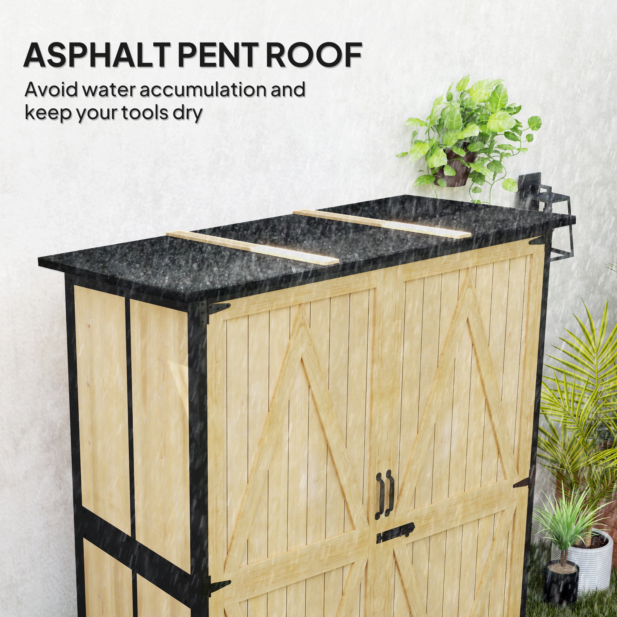 Wood Storage Shed, Outdoor Garden Shed with Asphalt Roof, 2 Shelves, Lockable Doors and Adjustable Feet, Natural - Natural Wood - Image 5