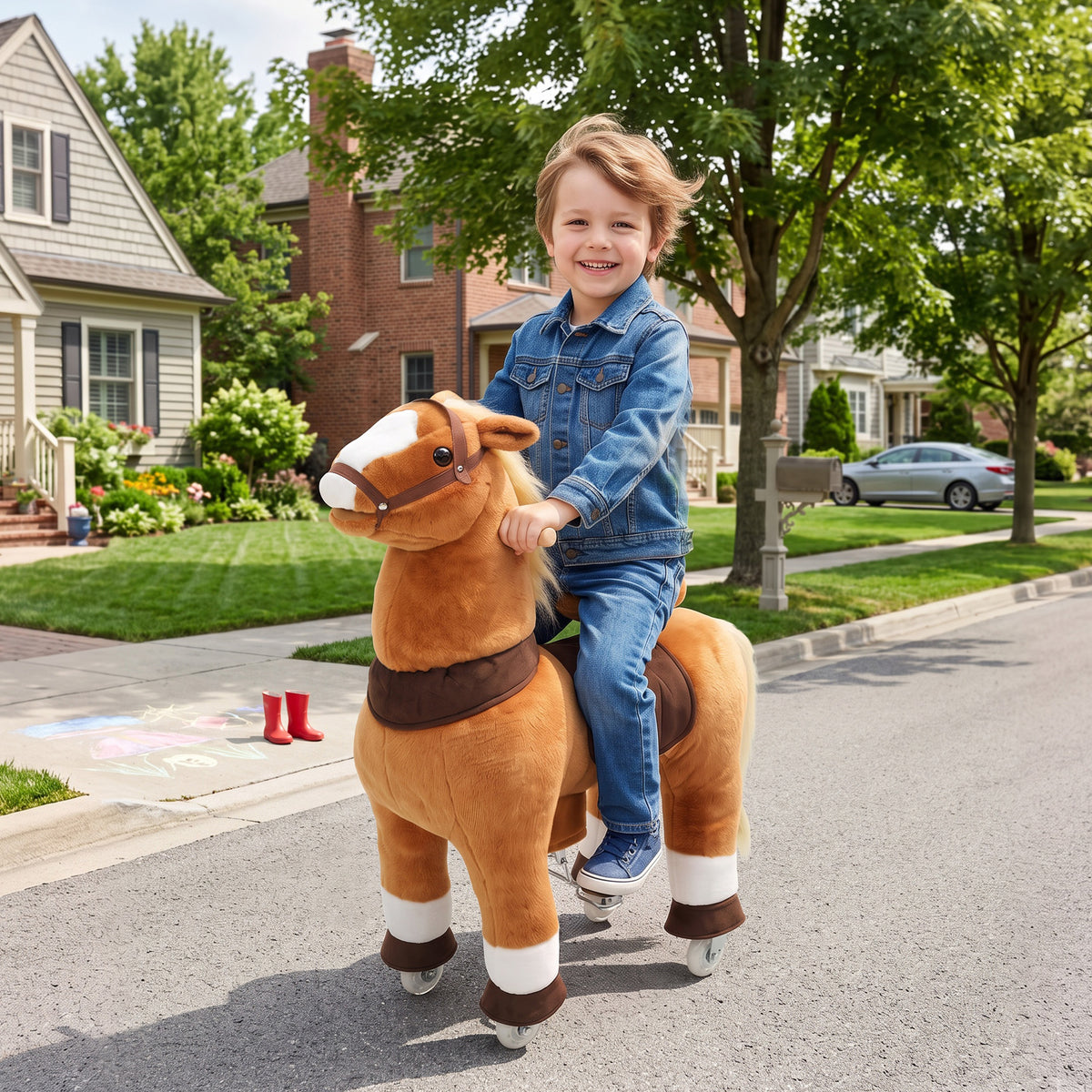 Ride on Horse for Kids 4-12 Years, 37.4 Inch Height Plush Riding Pony with Rolling Wheels for Active Play, Brown