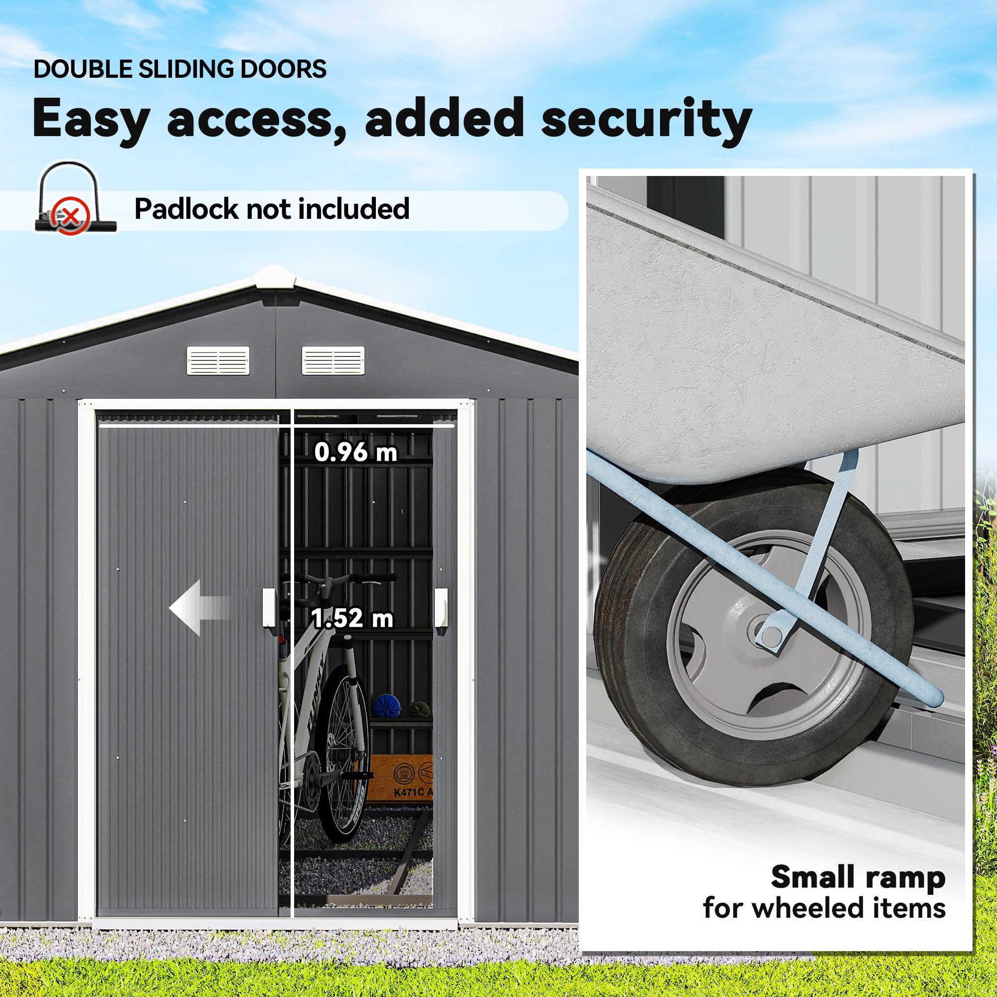 11' x 9' Metal Storage Shed Garden Tool House with Double Sliding Doors, 4 Air Vents for Backyard, Patio, Gray - Gray - Image 5