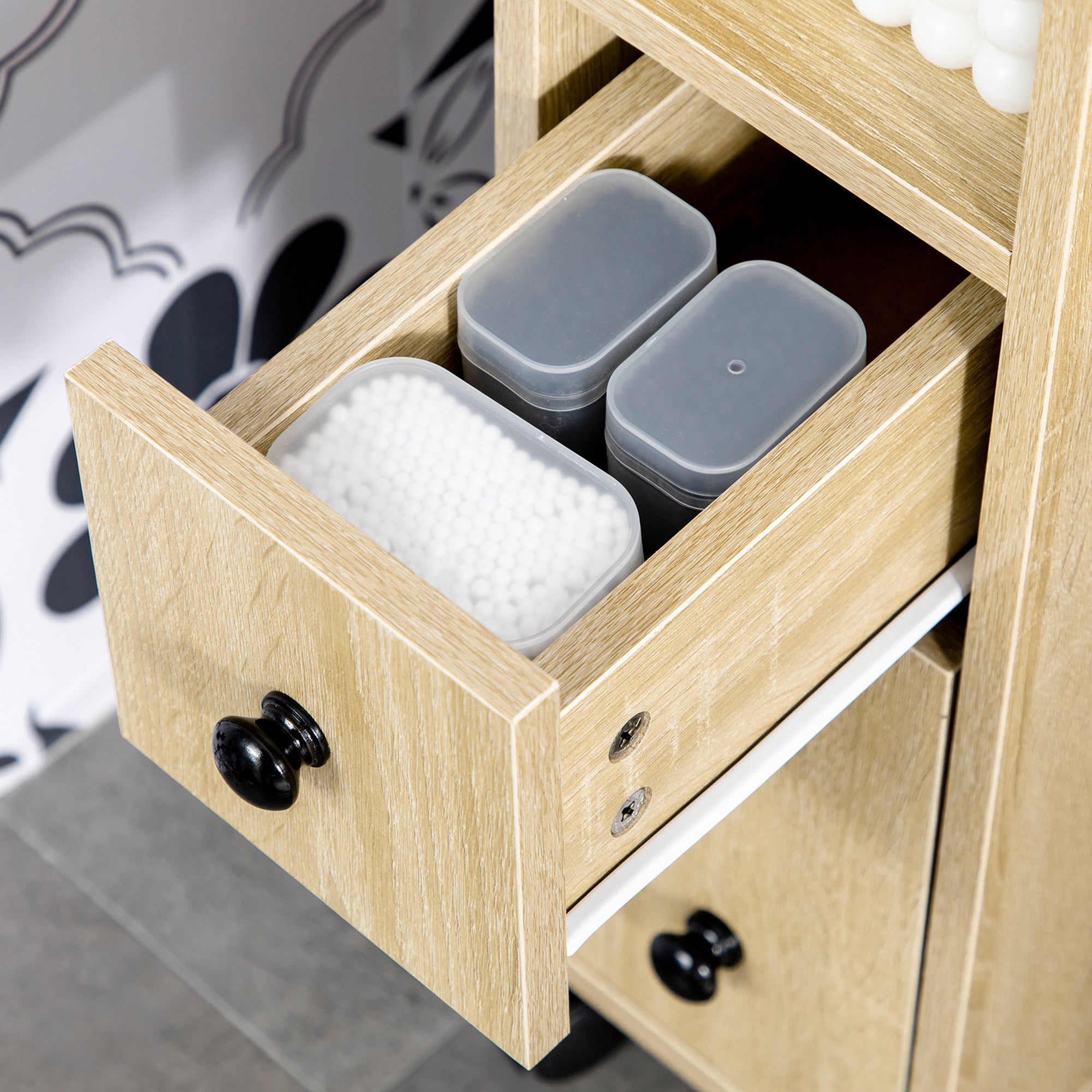 Freestanding Compact Design Bathroom Cabinet with 2 Open Cabinets, 1 Door Cabinet, 1 Drawer and 4 Rolling Wheels, Oak Grain Color