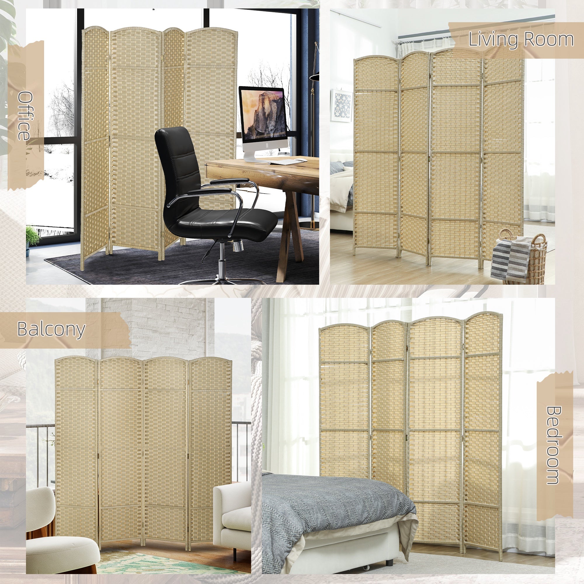 Folding Room Divider Screen 4 Panel 5.6 ' Tall Privacy Screen Freestanding Room Partition for Home Office, Beige