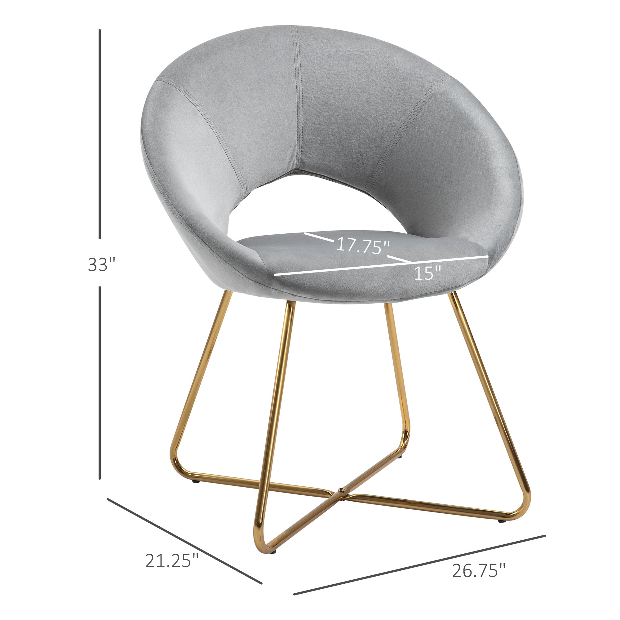 Modern Accent Velvet Chair Open Curved Mid-Back Upholstered Vanity Chair with Gold Plating Metal Legs Gray