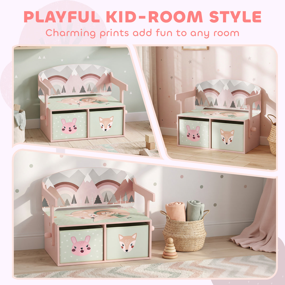 Kids Toy Box Chest, 3-in-1 Convertible Storage Chest with 2 Non-Woven Drawers for Bedroom, Kids Room for Ages 3-6, Pink