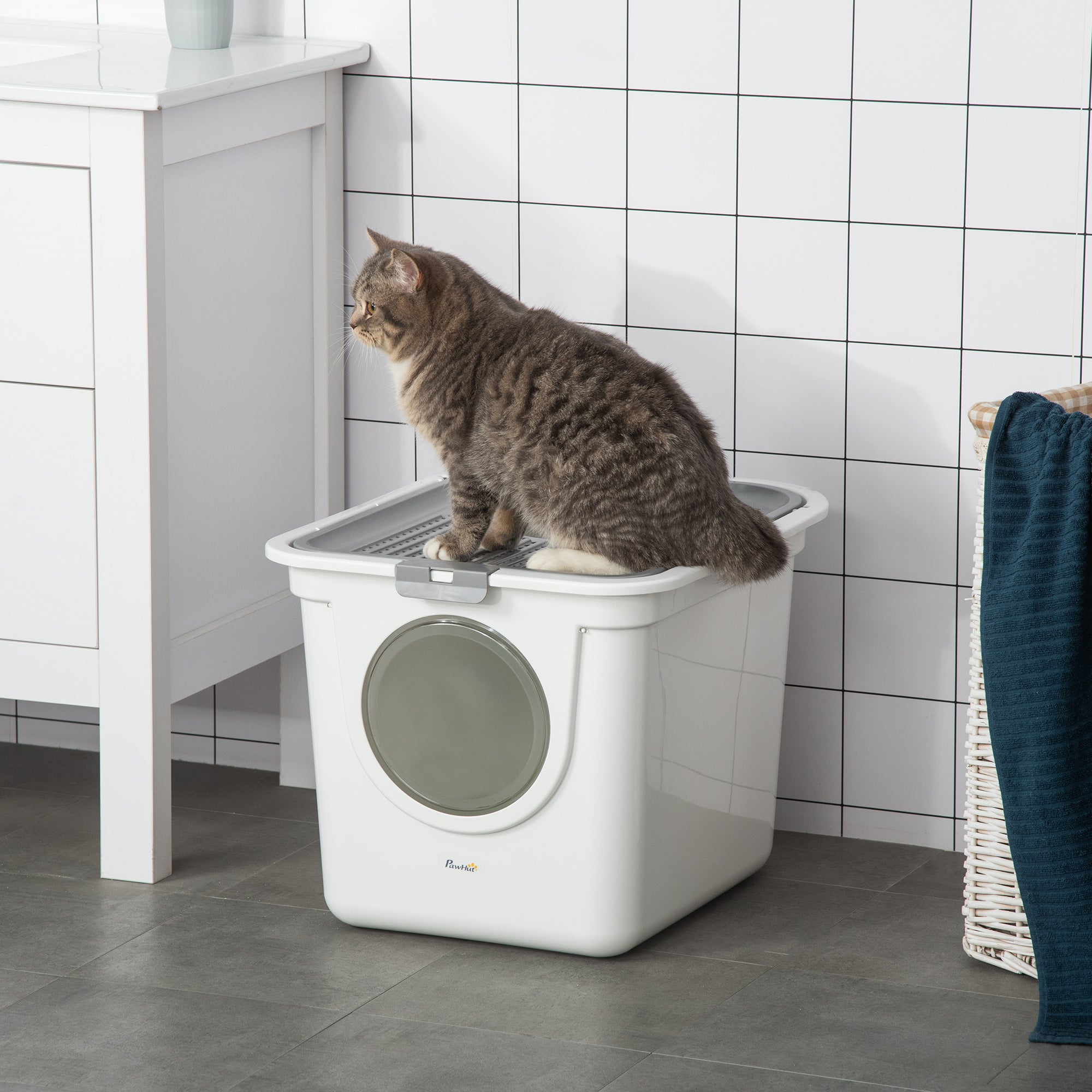 Covered Cat Litter Box, Easy Cleaning Kitty Litter Box with Front Entrance, Top Exit, Scoop, for Odor Control, White - White - Image 2