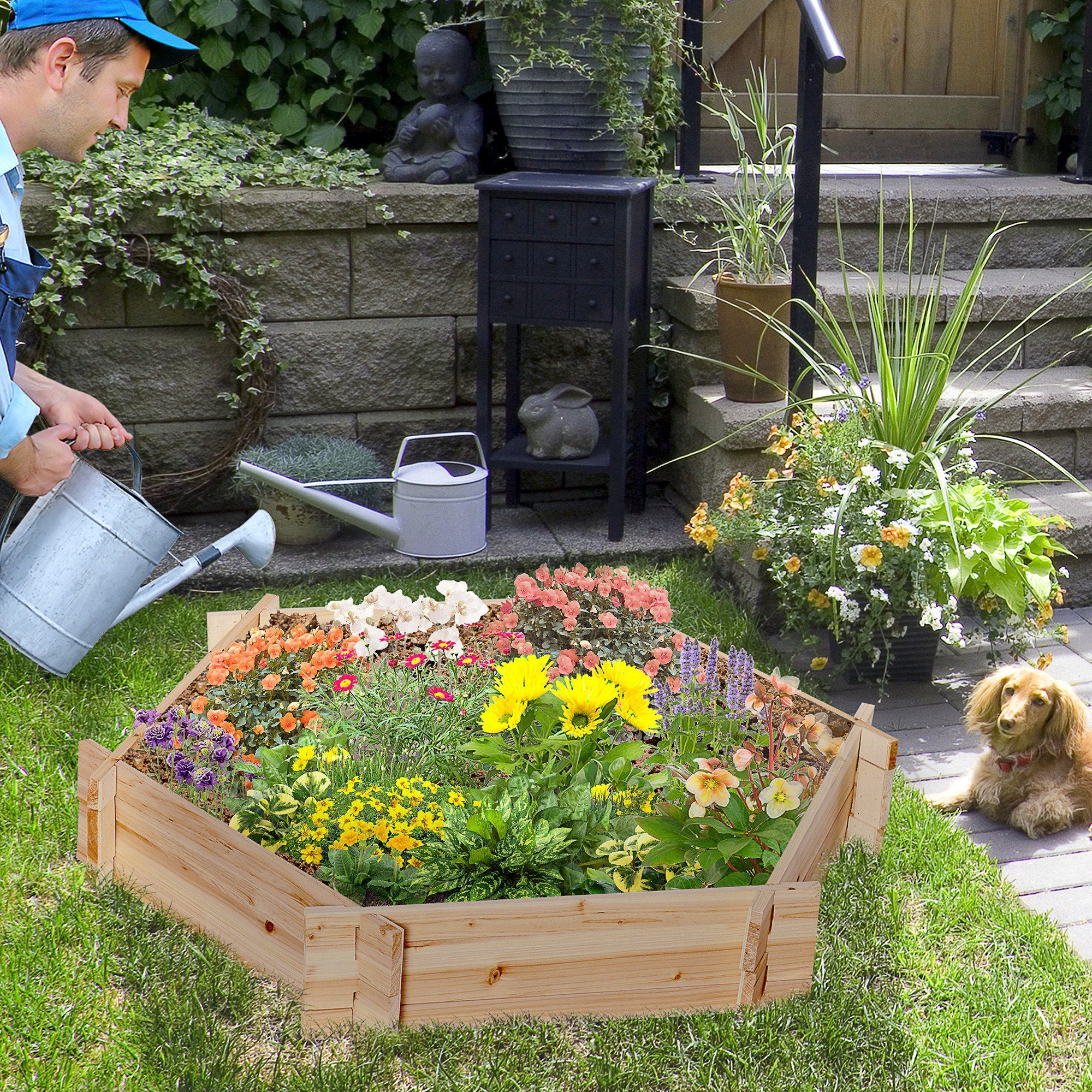 39'' x 36'' Screwless Raised Garden Bed, Hexagon Planter Box DIY Herb Garden - Natural wood finish - Image 2
