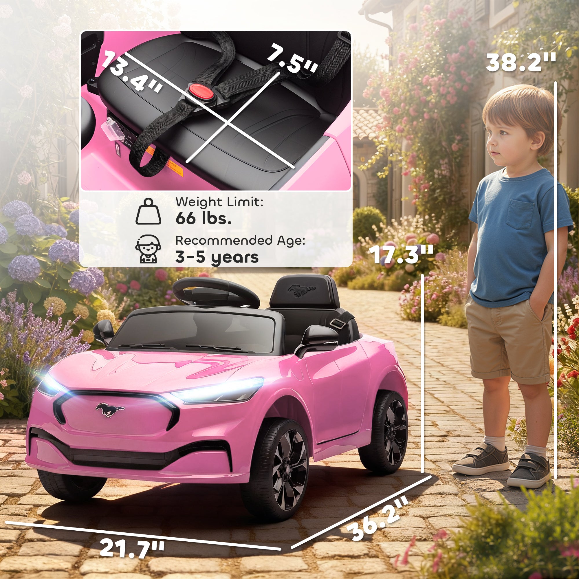 12V Kids Ride On Car, Licensed Ford Mustang Mach-E Electric Car with Remote Control, LED Light, Music, Pink
