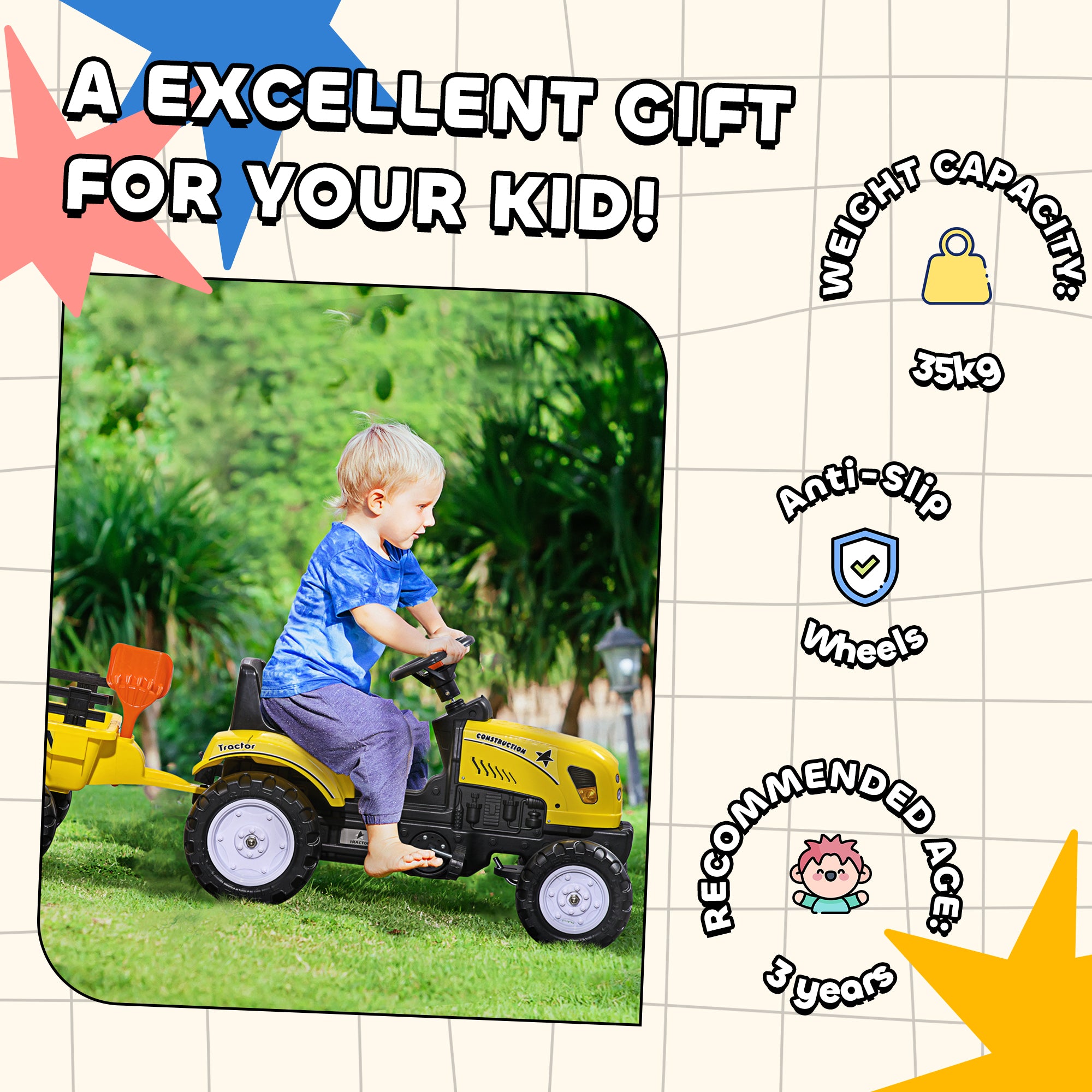 Kids Ride on Tractor with Back Trailer, Shovel & Rake, Horn, Pedal Go Kart for 3 Years Old, Yellow