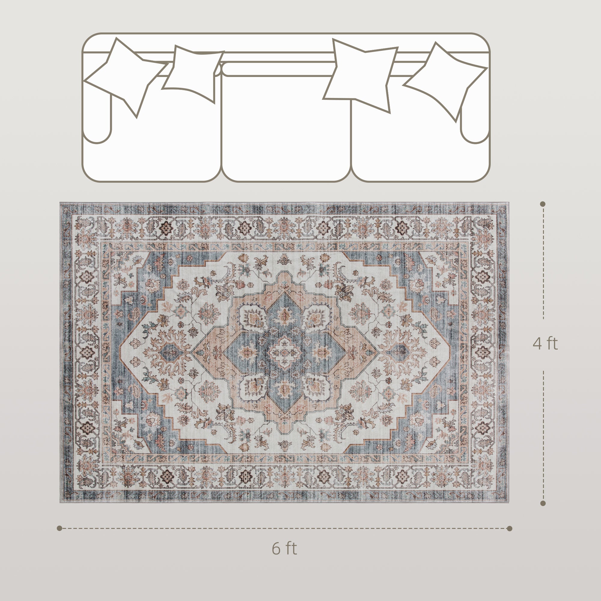 4x6 Area Rug, Vintage Machine Washable Rug, Non-Slip Carpet for Living Room, Bedroom, Dining Room, Brown & Light Blue