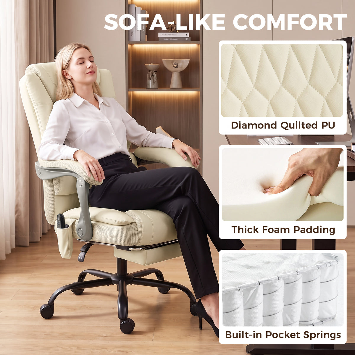 400lbs Massage Office Chair with Heat, Big and Tall Desk Chair, Lumbar Support, Reclining, Footrest, Beige