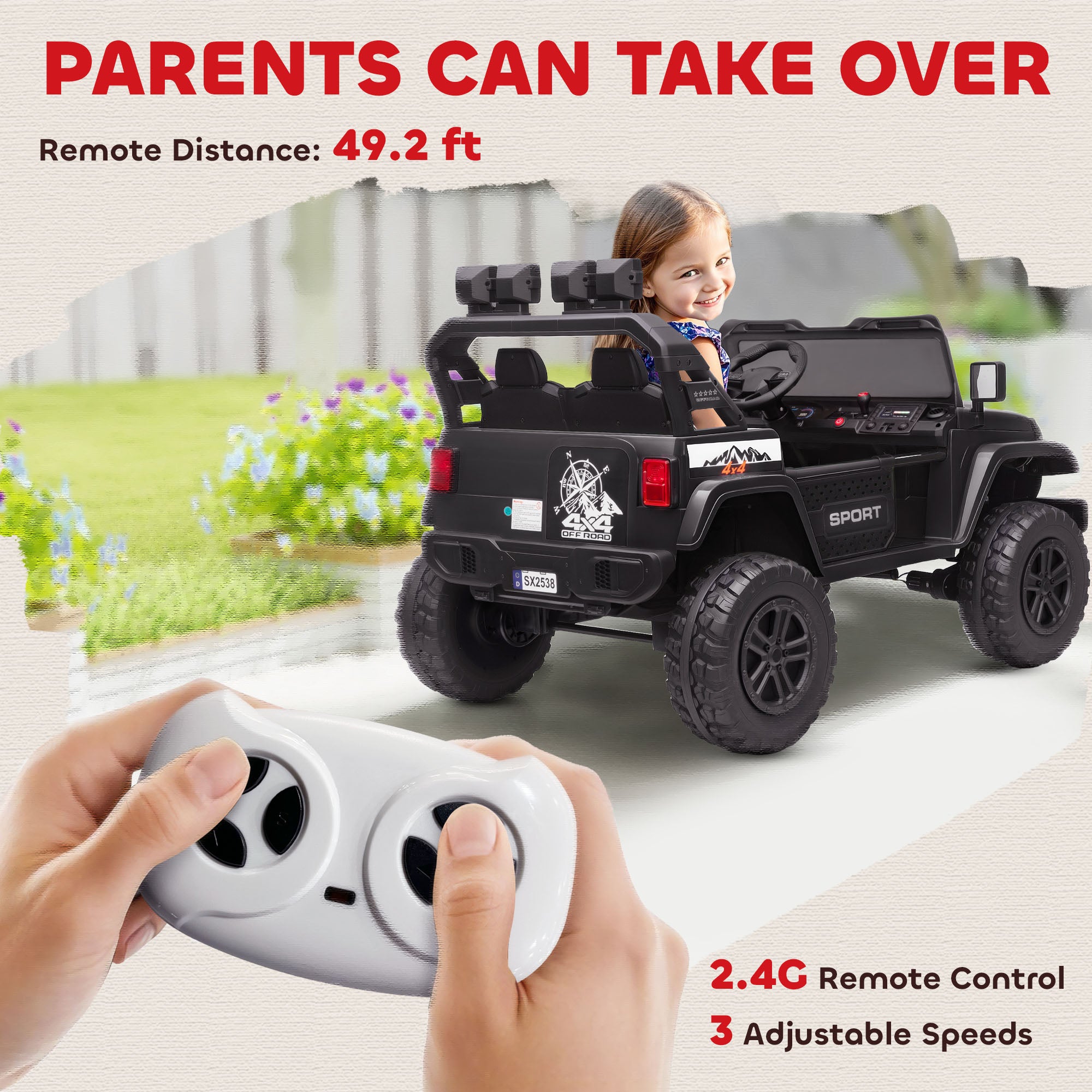 Ride on Truck Car with 2-Seater, 24V Electric Car with 4 Motors, Remote Control, Spring Suspension for 3-8 Years, Black