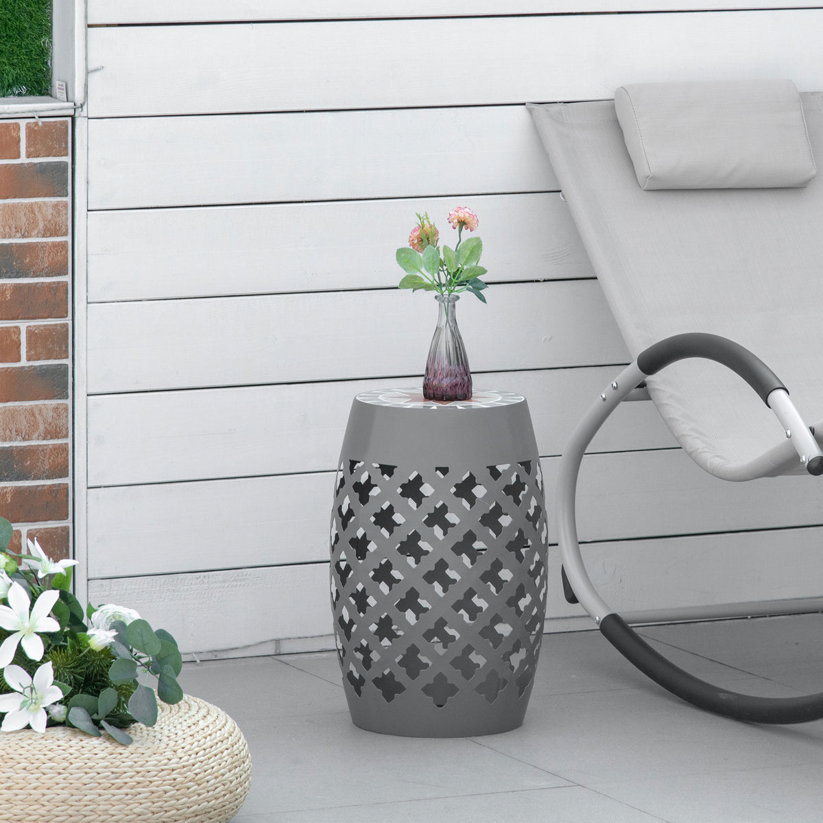Decorative Outdoor Stool, 12" Round Patio Side Table, Mosaic Accent Plant Stand for Garden, Balcony, Gray
