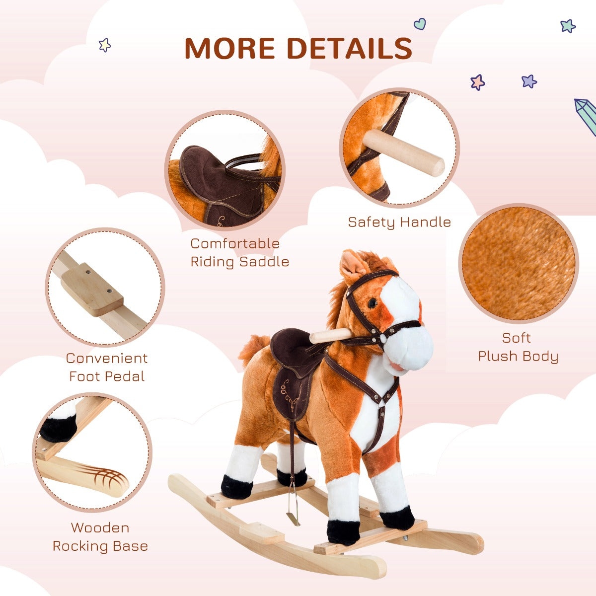 Kids Plush Toy Rocking Horse, Wooden Ride-on Chair, Plush Animal Rocker with Realistic Sounds and Moving Tail for Toddlers, Brown