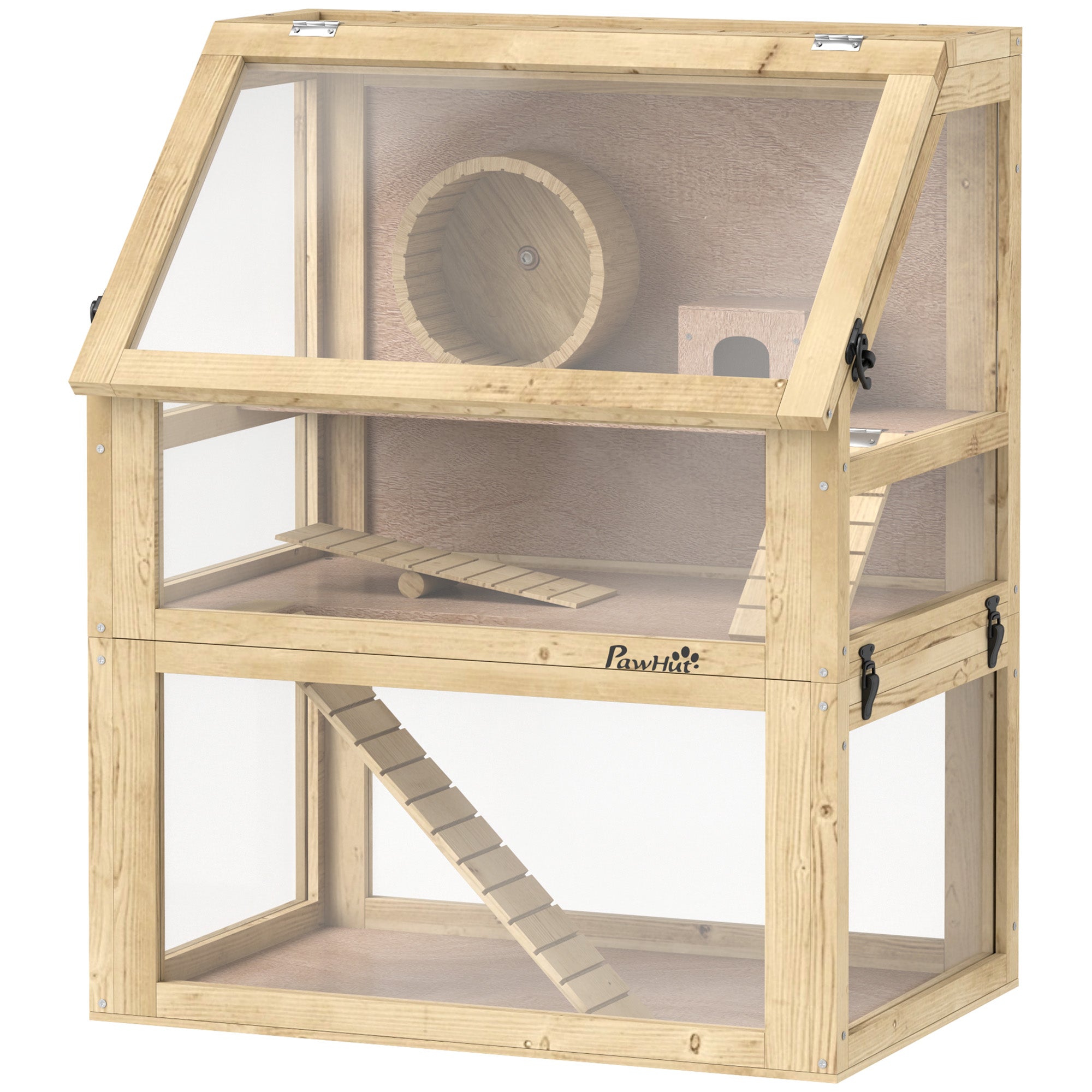 3 Tier Wooden Hamster Cage w/ Detachable Bottom, Hut, Seesaw, Exercise Wheel, Ramps, 24" x 16" x 29.5" - Natural Wood