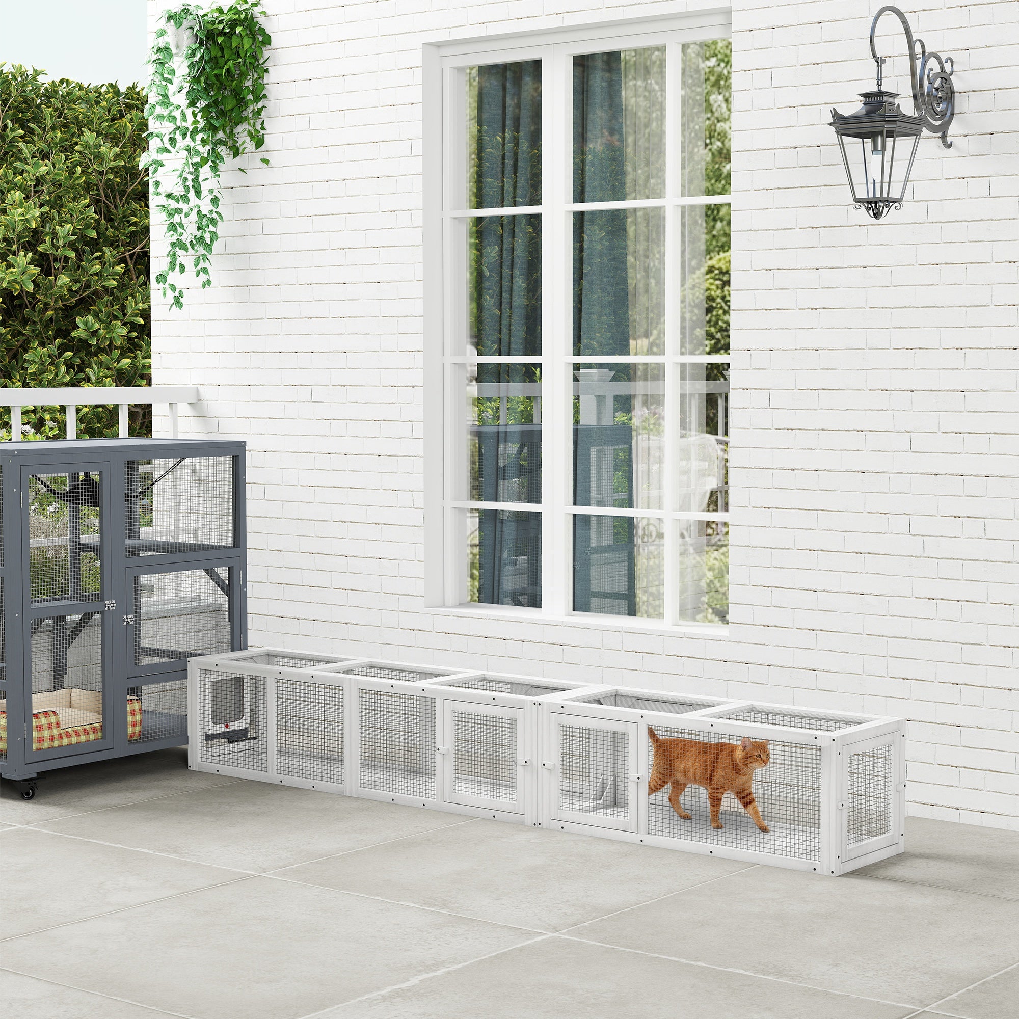 Wooden 98" Cat Tunnel for Outdoor with Combinable Design, 8 Doors, White - White - Image 2