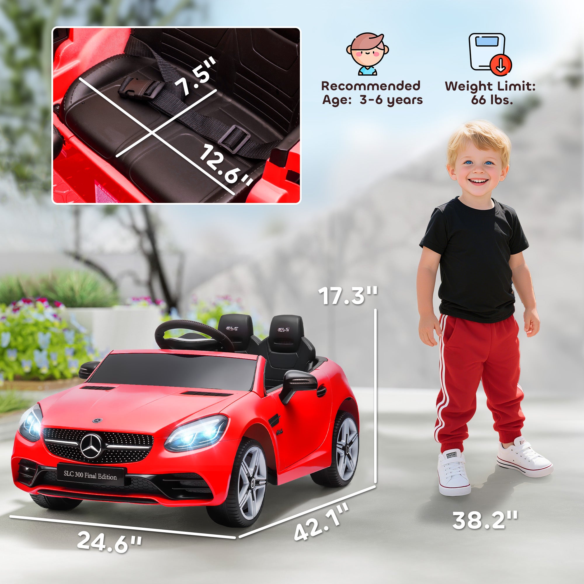 Mercedes SLC 300 Licensed Kids Electric Car with Remote Control, 12V Battery Powered Kids Ride on Car with Music, Lights, Suspension for 3-6 Years Old, Red