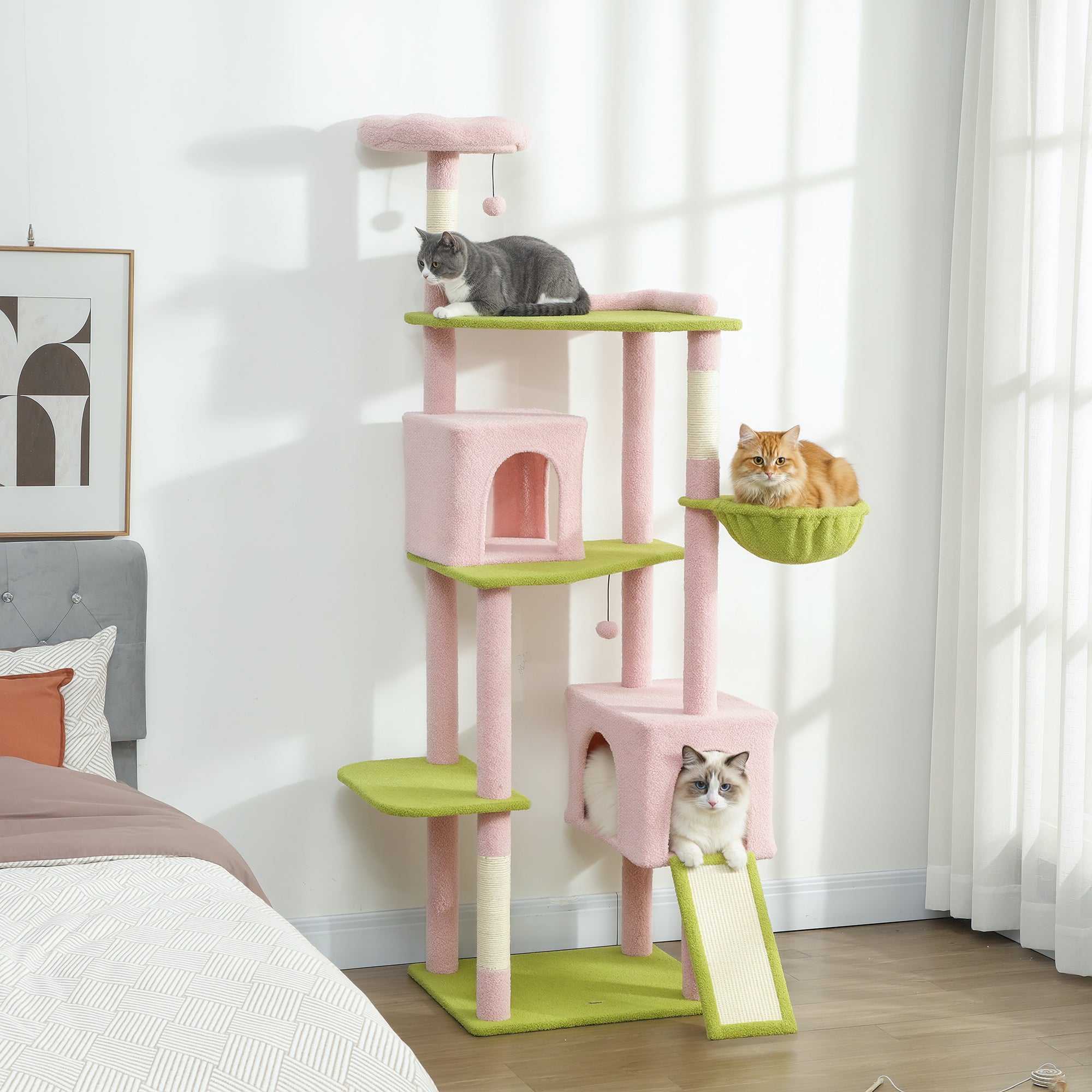 74" Flower Cat Tree, Large Cat Tower with Scratching Post & Board for Indoor Cats, Pink - Pink - Image 2