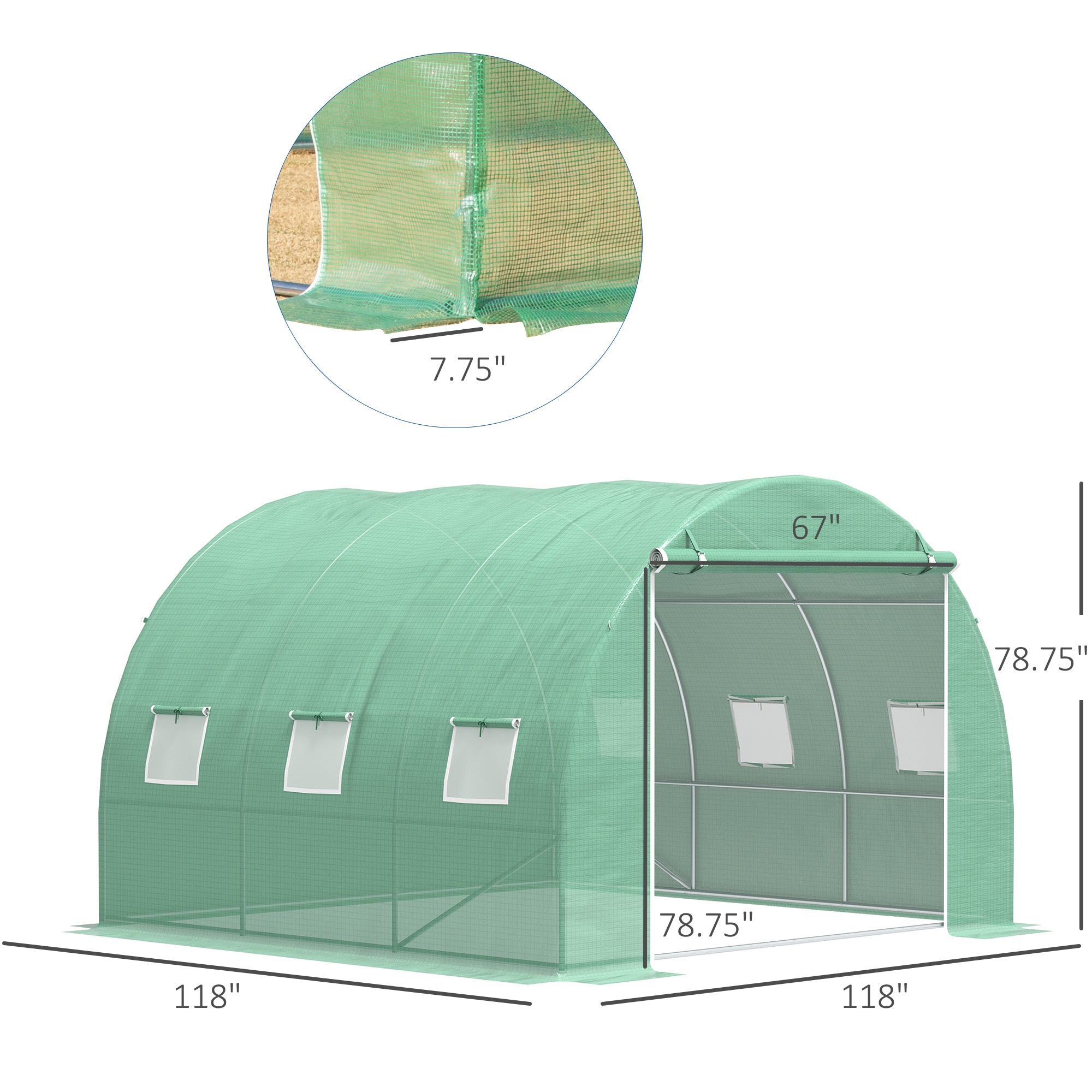 10' x 10' x 7' Walk-in Tunnel Greenhouse with High-Quality Transparent PE Cover, Zipper Doors & Windows - Green - Image 3