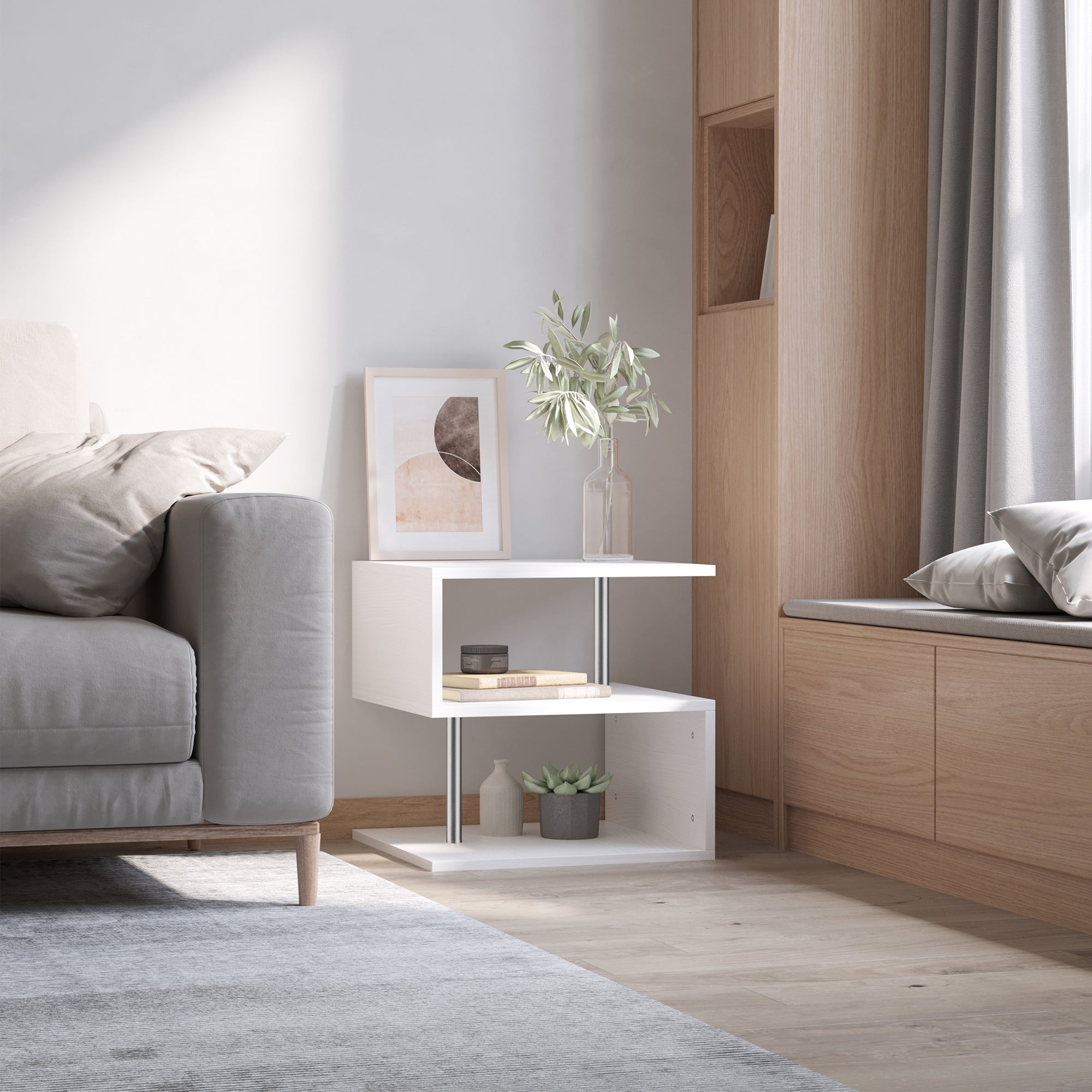 20" Modern S-Shaped Multi-Level Accent End Table Shelf with Steel Poles, White