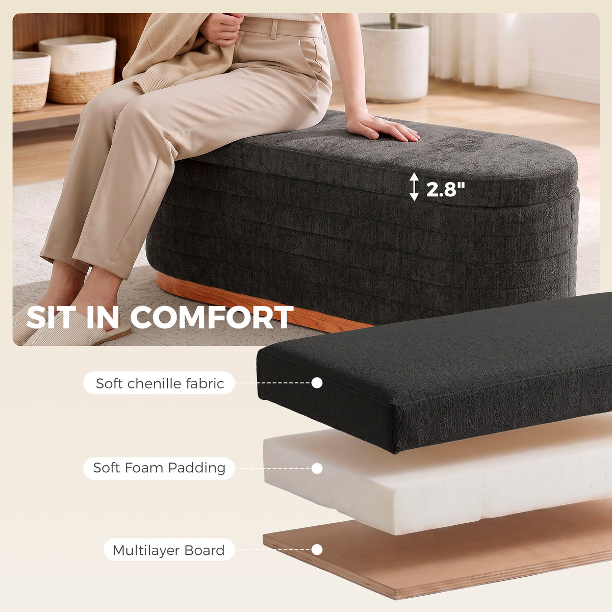 Storage Ottoman Bench Oval Chenille Upholstered Ottoman with Storage Chest, Dark Gray