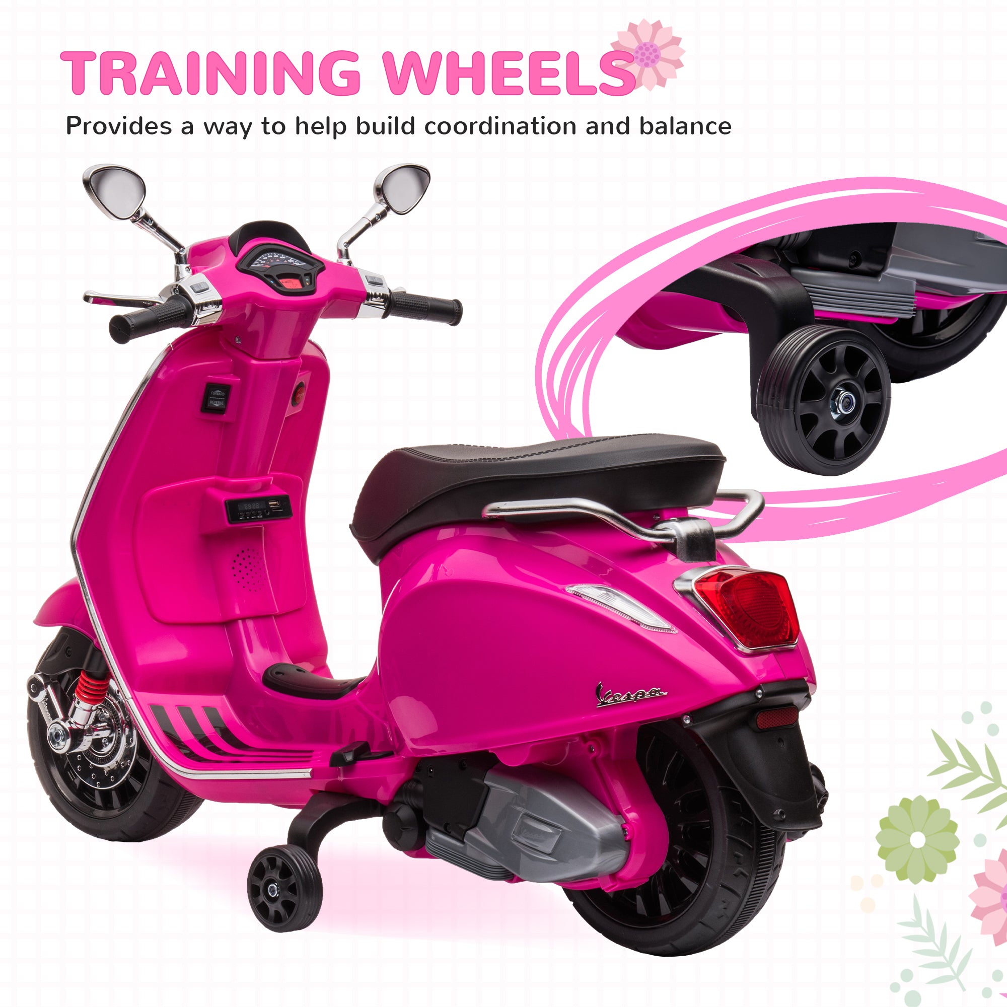 Vespa Licensed Kids Motorcycle 6V Toddler Motorcycle with Music, FM Radio, Headlight, Pink