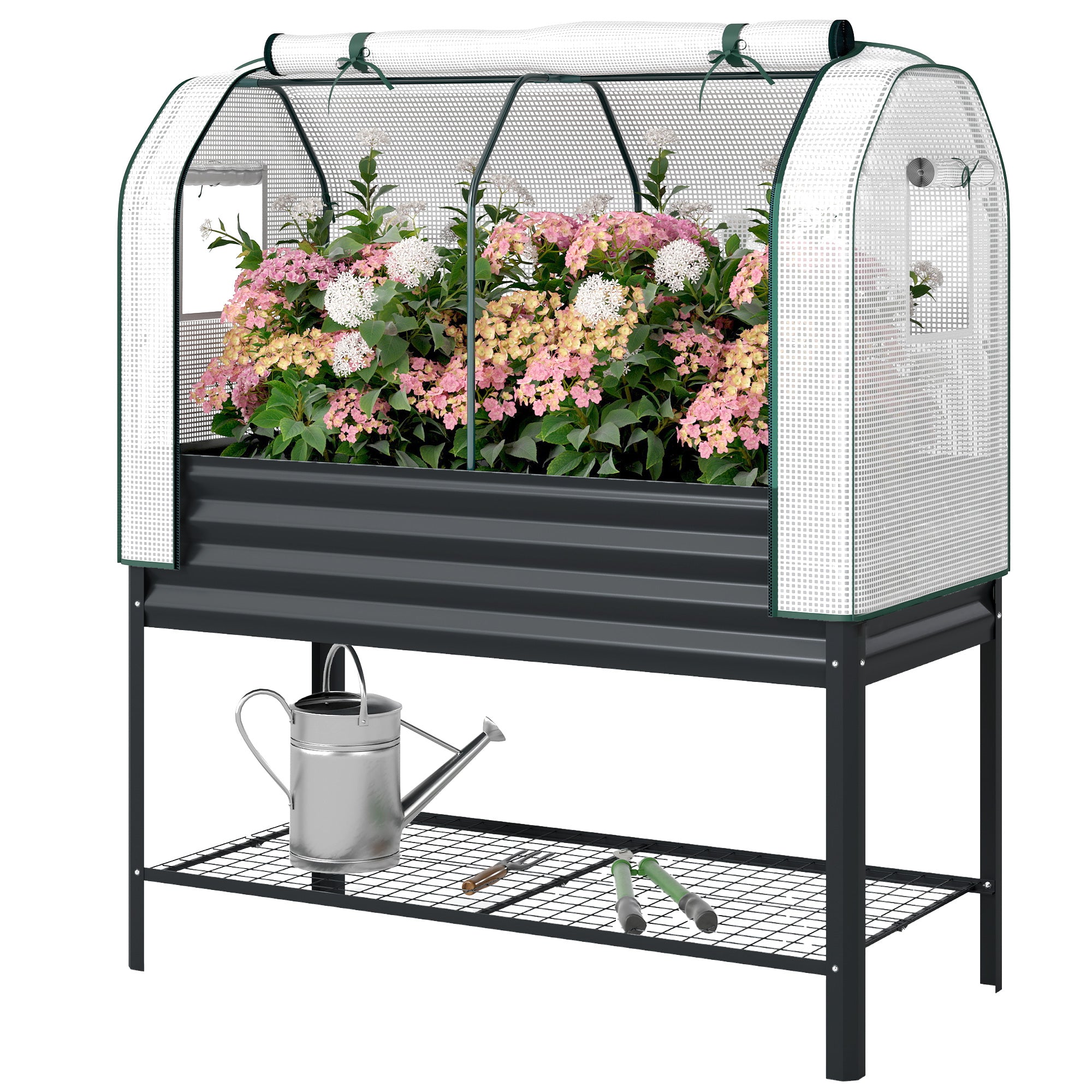Galvanised Raised Garden Bed with Greenhouse Cover, Metal Elevated Garden Bed with Bed Liner, Bottom Shelf, Black - Black