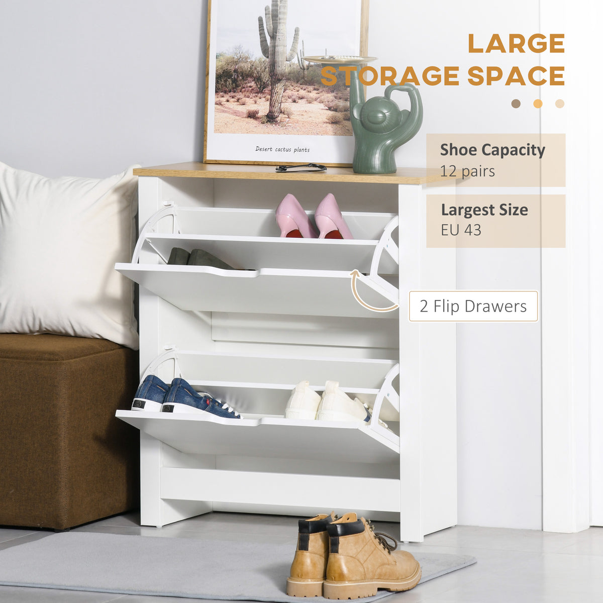 Slim Shoe Storage Cabinet, Shoe Cabinet with 2 Flip Drawers and Adjustable Dividers, Natural & White