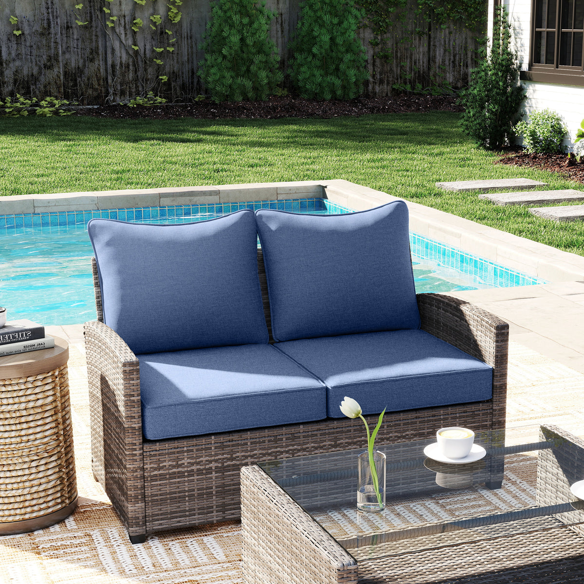 Patio Chair Cushions Set of 2 with Seat & Backrest, Fade Resistant Seat Replacement Cushion Set, Blue
