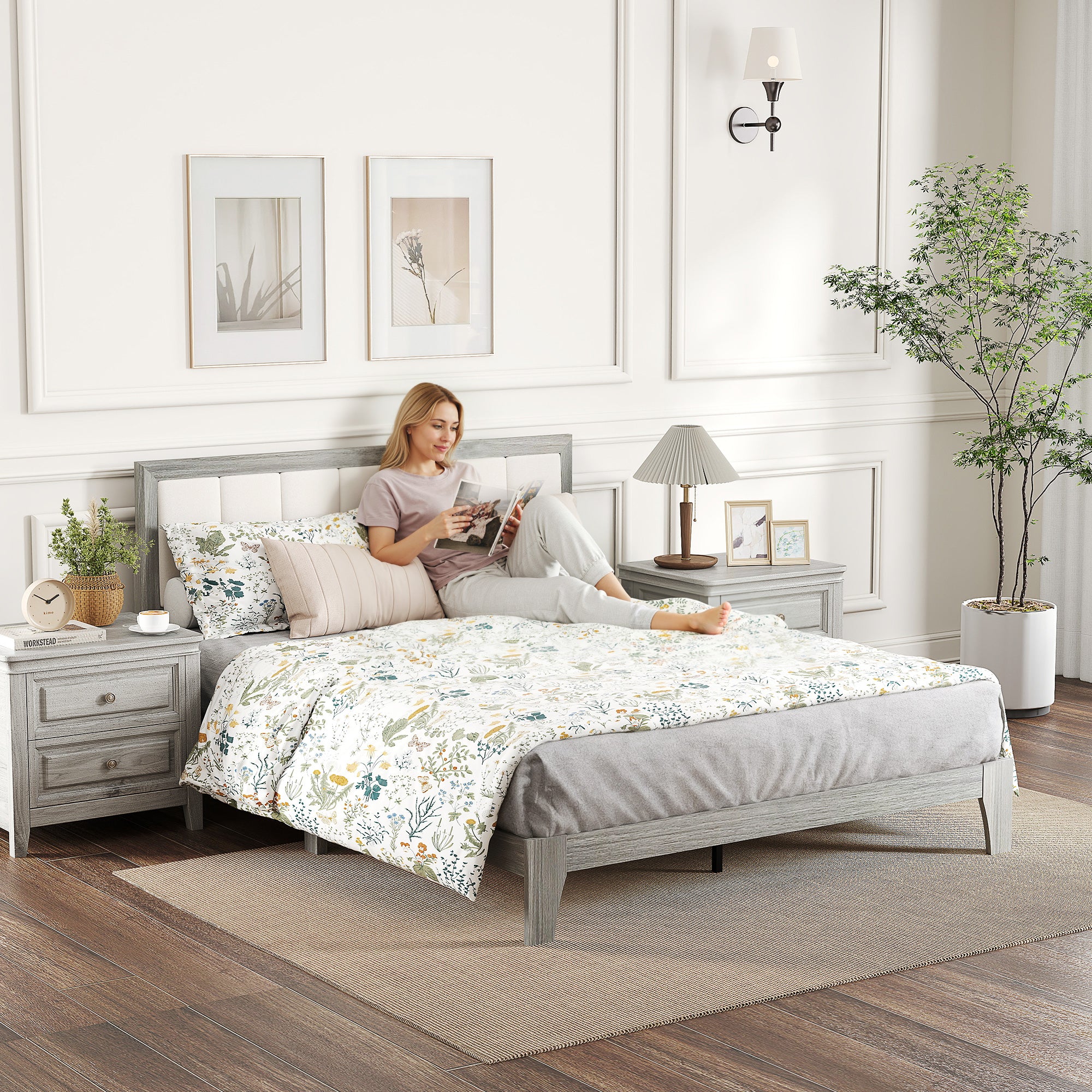 Queen Bed Frame with Headboard Queen Platform Bed Frame with Wooden Slats No Box Spring Needed Easy Assembly Gray