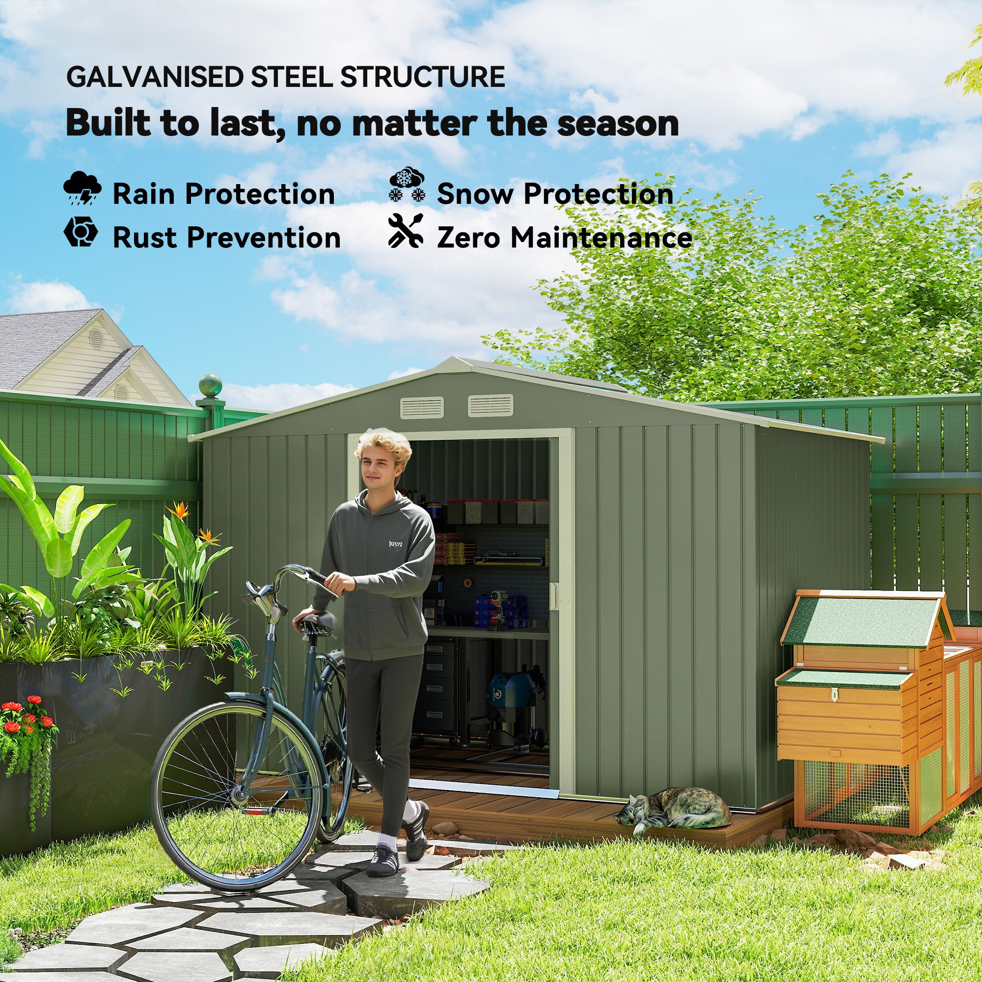 9' x 6' Outdoor Storage Shed, Garden Tool Metal Shed with Foundation Kit, Double Lockable Door, Air Vents and Sloping Roof, for Backyard, Patio, Lawn, Green - Green - Image 4