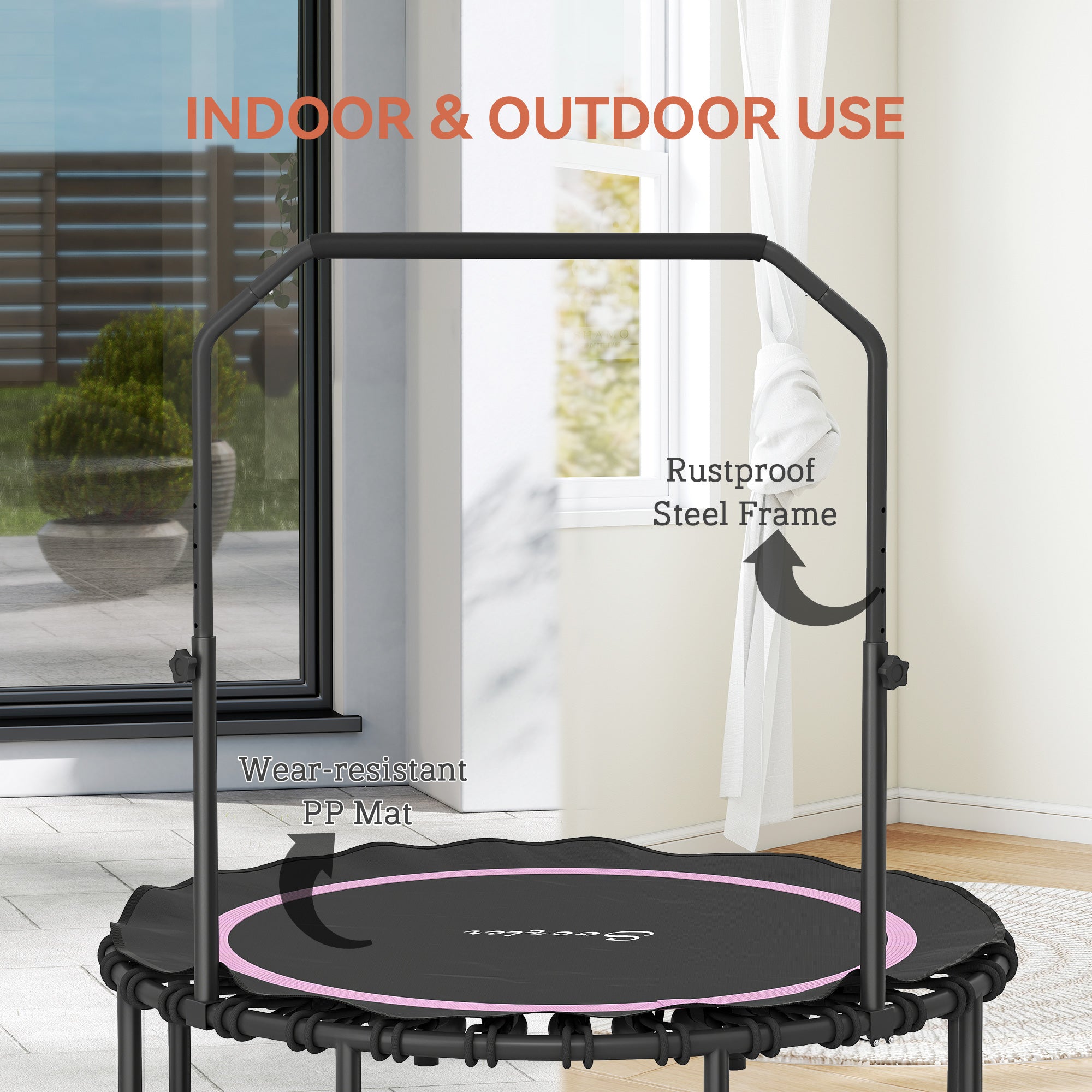 48" Rebounder Trampoline for Adults, Foldable Mini Trampoline with Adjustable Handle Bar for Indoor Outdoor, Pink