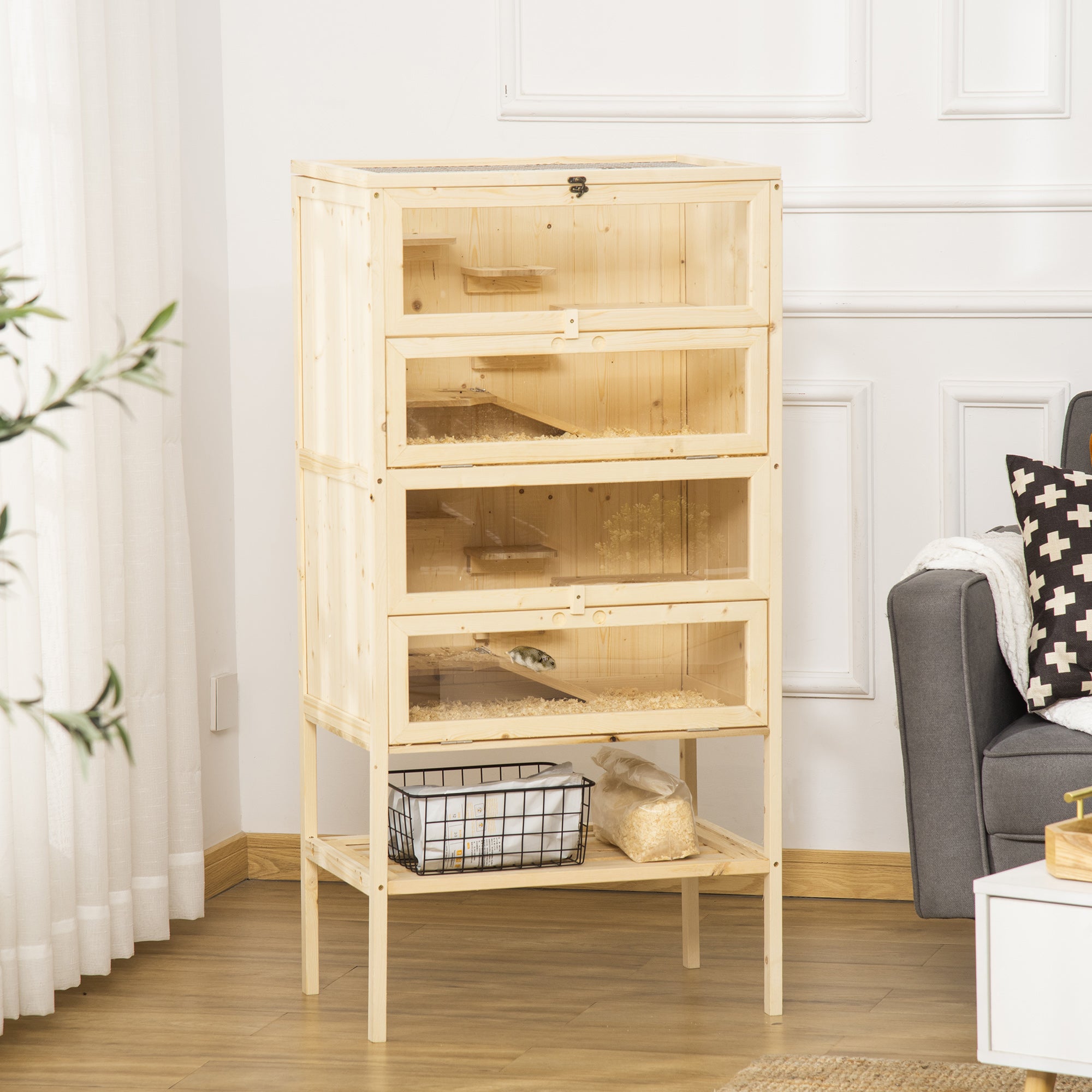 5-Tier Wooden Hamster Cage Mice Habitat Rat Habitat with Openable Top, Front Door and Storage Shelf - Natural Wood - Image 2