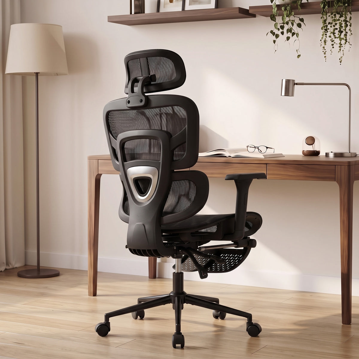 Ergonomic Office Chair with Lumbar Support, 2D Headrest, Mesh Reclining Desk Chair with Footrest, Swivel Wheels, Black