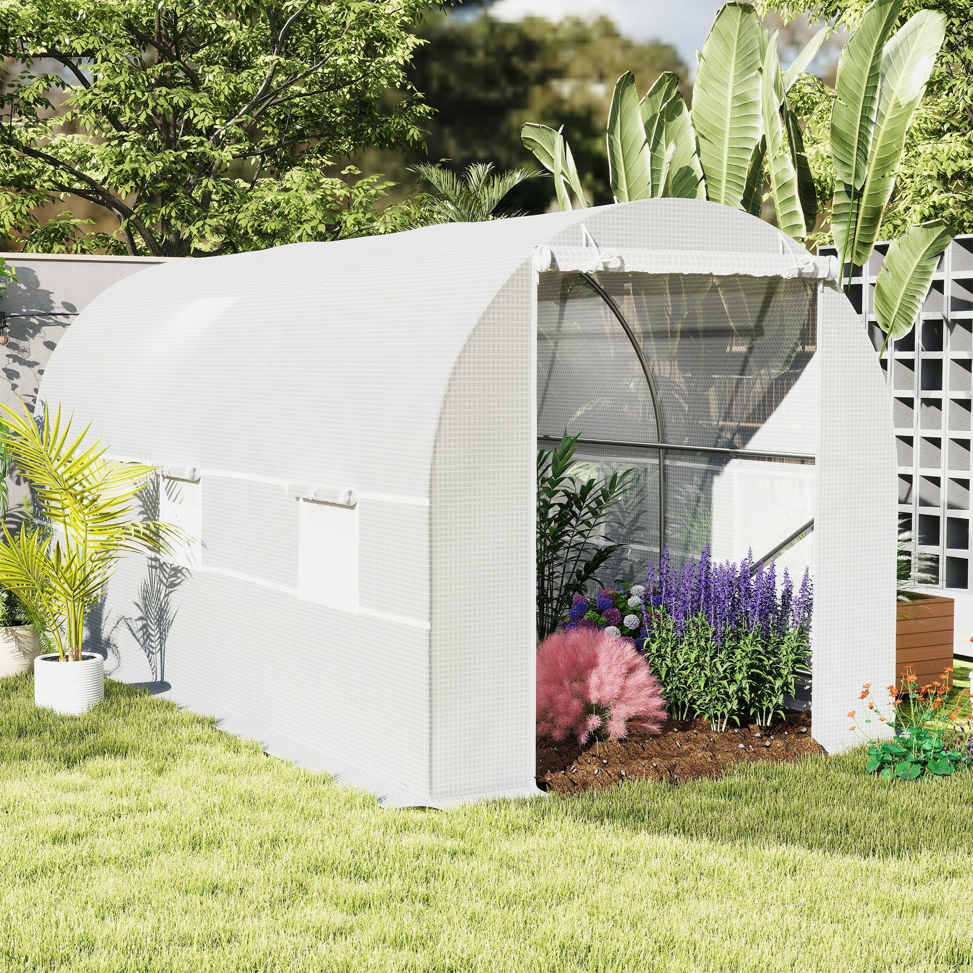 15' x 7' x 7' Walk-In Tunnel Greenhouse, Large Garden Hot House Kit with 6 Roll-up Windows & Roll Up Door, Steel Frame, White - White - Image 2