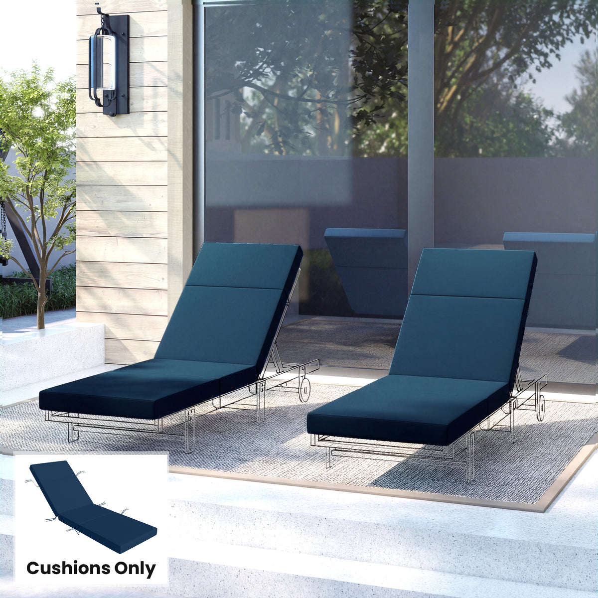 Chaise Lounge Cushion, 4" Thick Outdoor Lounge Chair Cushions with Ties for Patio, 26" x 80", Navy Blue