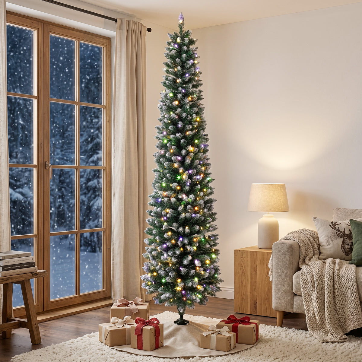 7ft Pencil Prelit Christmas Tree, Dual Color LEDs, Flocked, Remote, Slim Xmas Tree with 11 Modes, Green White