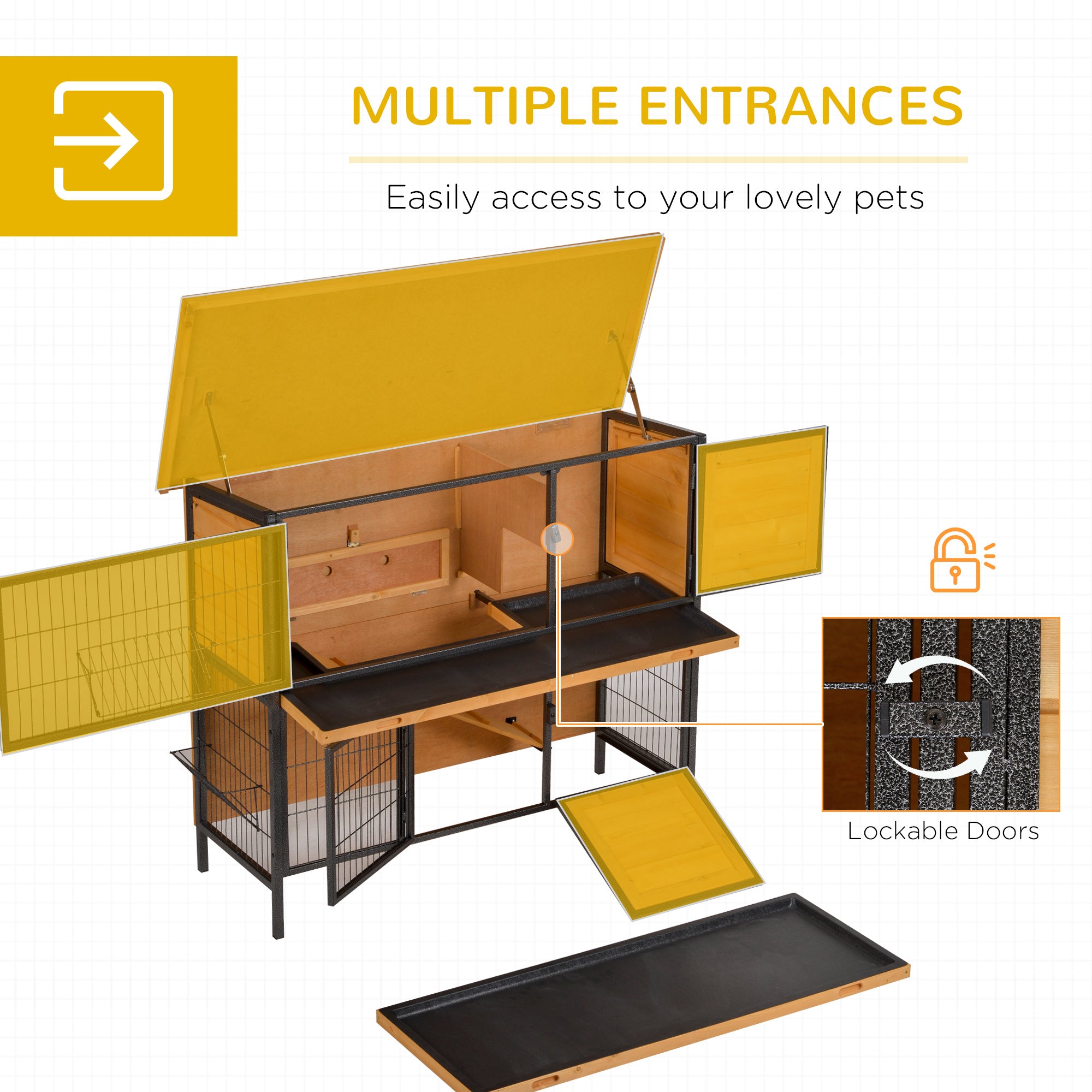 48" 2-Story Large Rabbit Hutch Bunny Cage Wooden Pet House Metal Frame with Rooms, Ramp, No Leak Tray, Feeding Trough, Waterproof Asphalt Roof for Rabbits, Chickens, Ducks, Outdoor/Indoor - Light yellow - Image 7