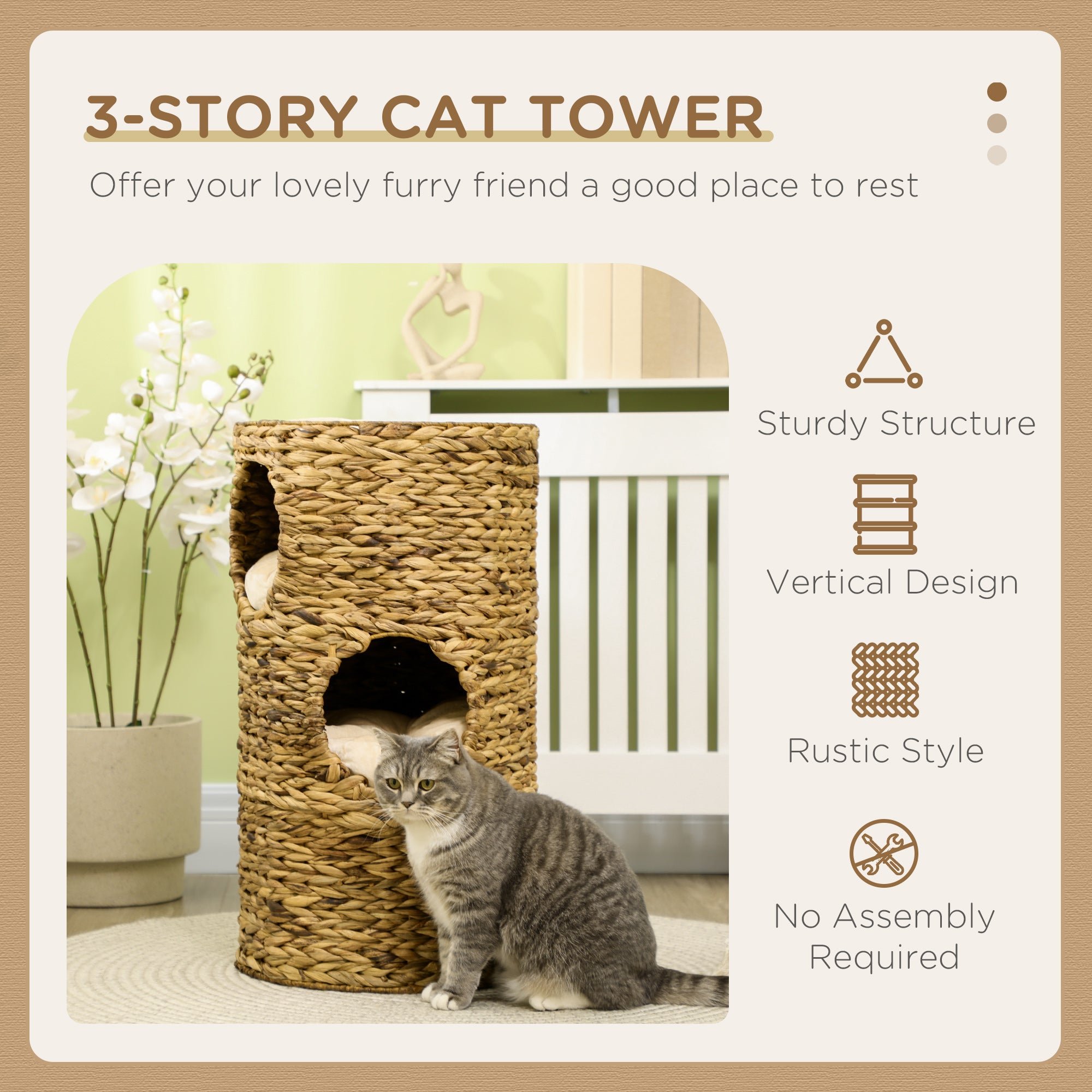 Elevated Cat Bed with Three Hideaways & Four Soft Plush Cushions, Cat Tower with Hand-Woven Materials, Multi-Layer Raised Kitten Bed Caves - Brown - Image 4