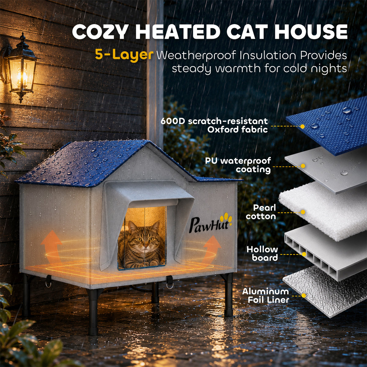 Heated Cat House Weatherproof with Heating Pad, Elevated Base, Safe Escape Door, for Stray, Barn Cats