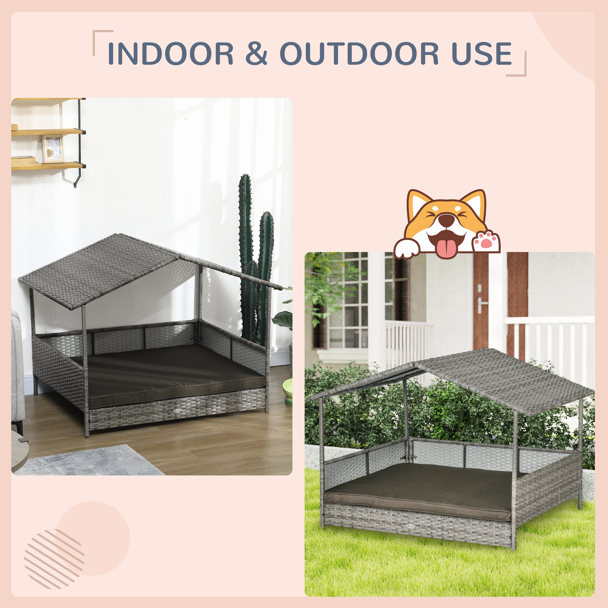 Outdoor Dog Bed with Canopy, Rattan Dog Bed with Soft Cushion Removable Cover for Medium and Large Dogs, Charcoal Gray - Charcoal Gray - Image 4