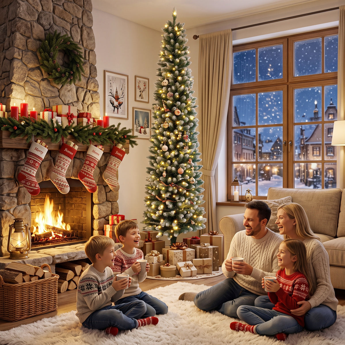 7ft Pencil Prelit Christmas Tree, Dual Color LEDs, Flocked, Remote, Slim Xmas Tree with 11 Modes, Green White