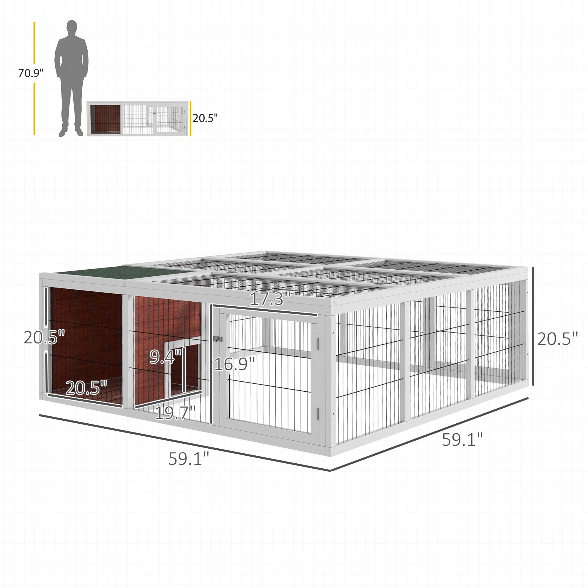 64" Wooden Outdoor Rabbit Hutch Playpen Tortoise House Habitat with Run and Enclosed Cover - Brown and White - Image 3